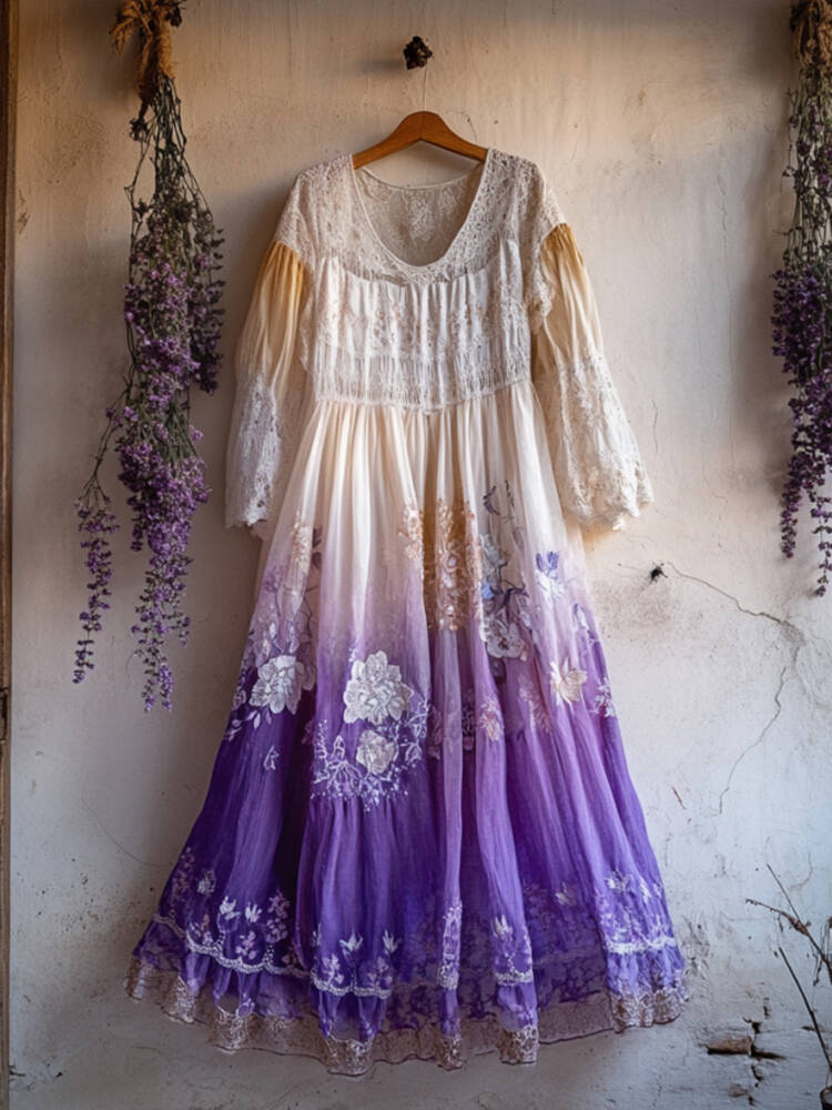 Vintage Boho Lavender Gradient Lace Art Linen V Neck Maxi Dress