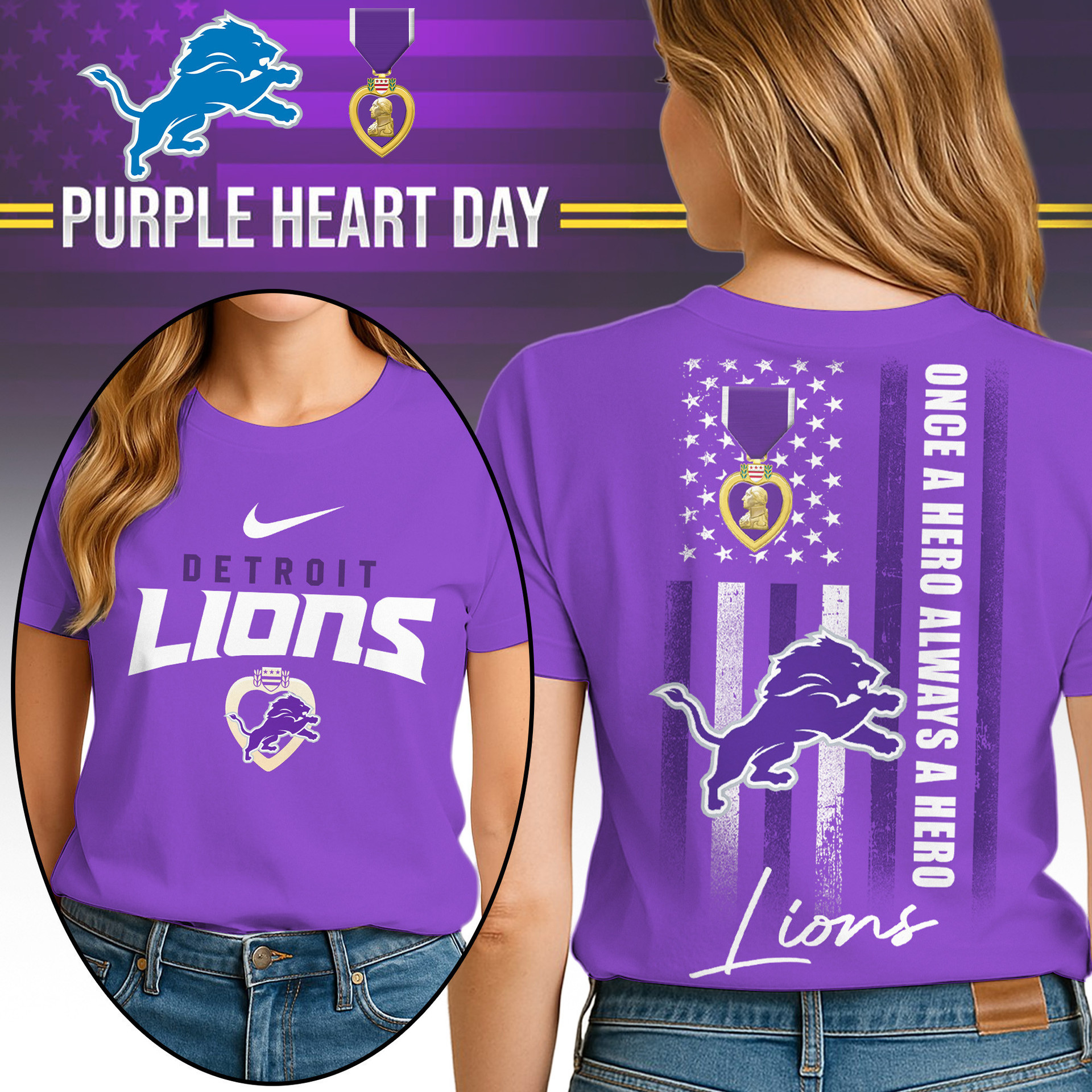 Detroit Lions | Premium NFL National Purple Heart Day 3D Shirt for Women HI