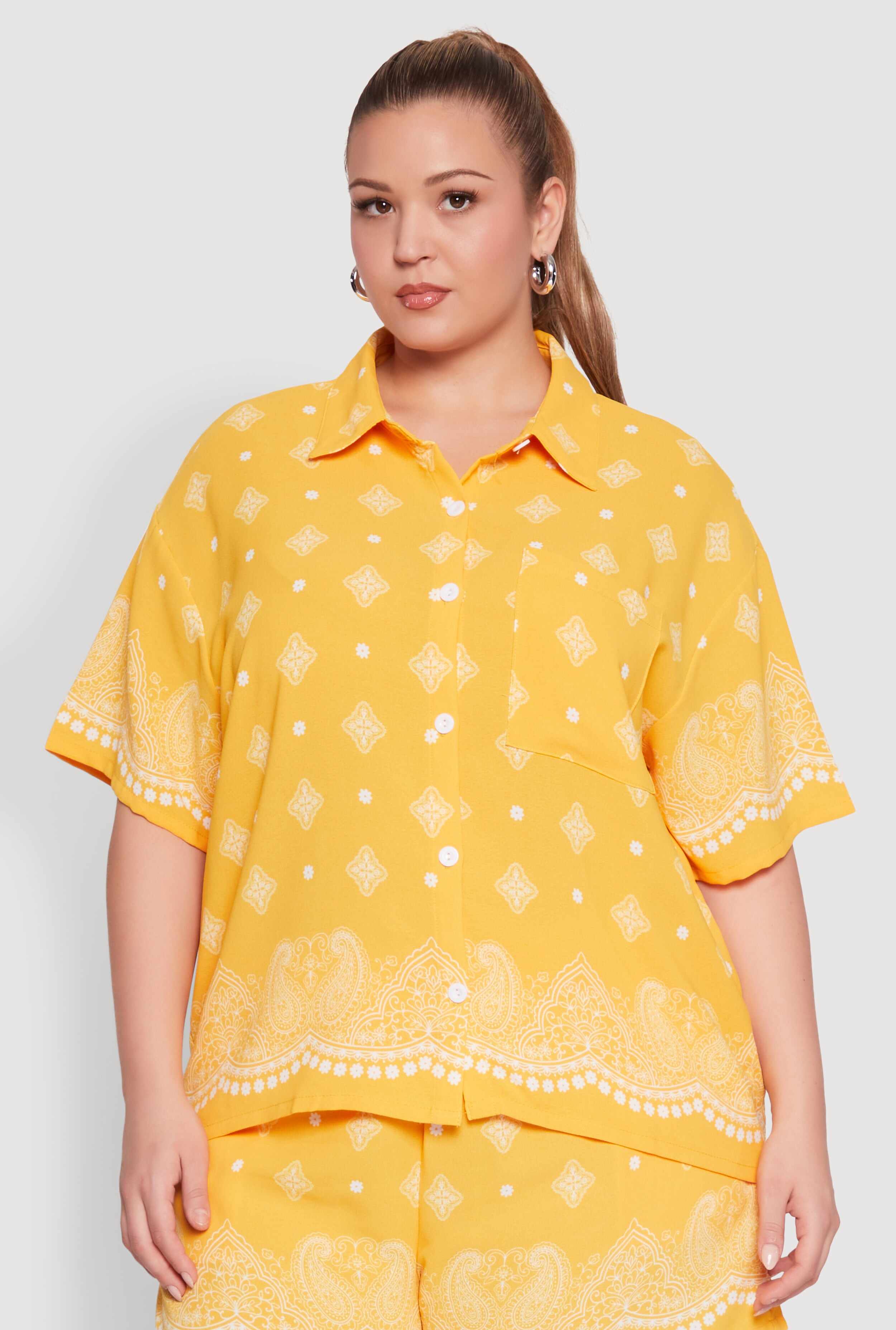 Plus Size Crepe Knit Bandana Print Oversized Shirt