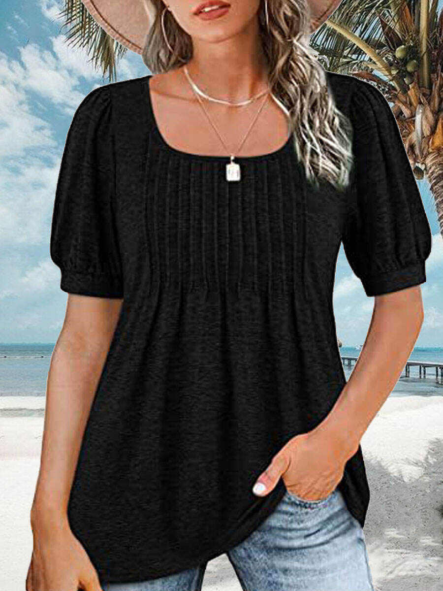 Square Neck Casual Loose Solid Color Short Sleeve T-Shirt