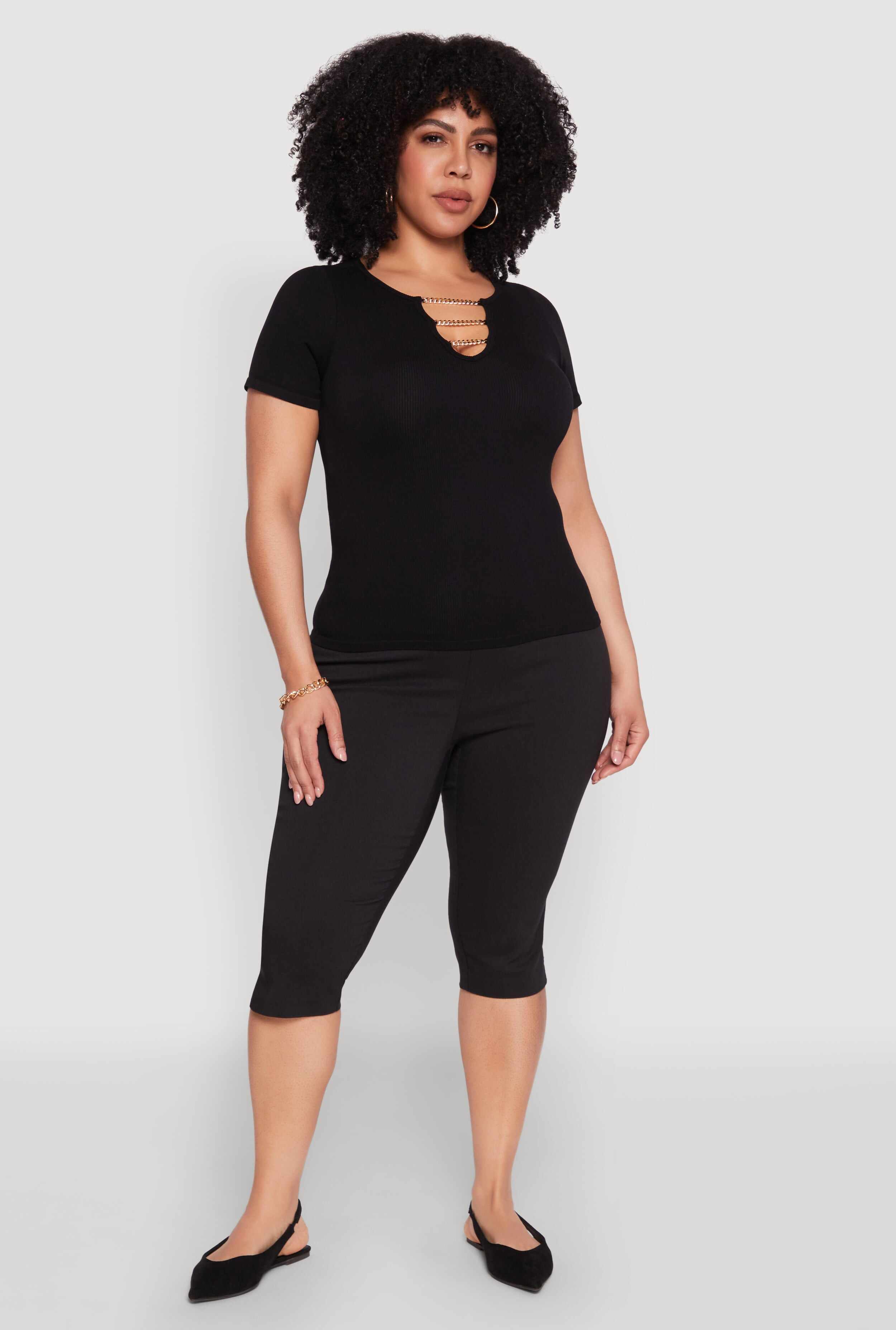 Plus Size Seamless Rib Knit Chain Keyhole Tee