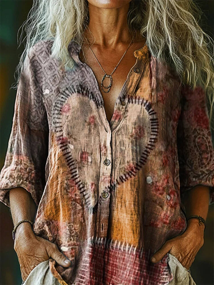 Women's Vintage Heart Art Print Shirt