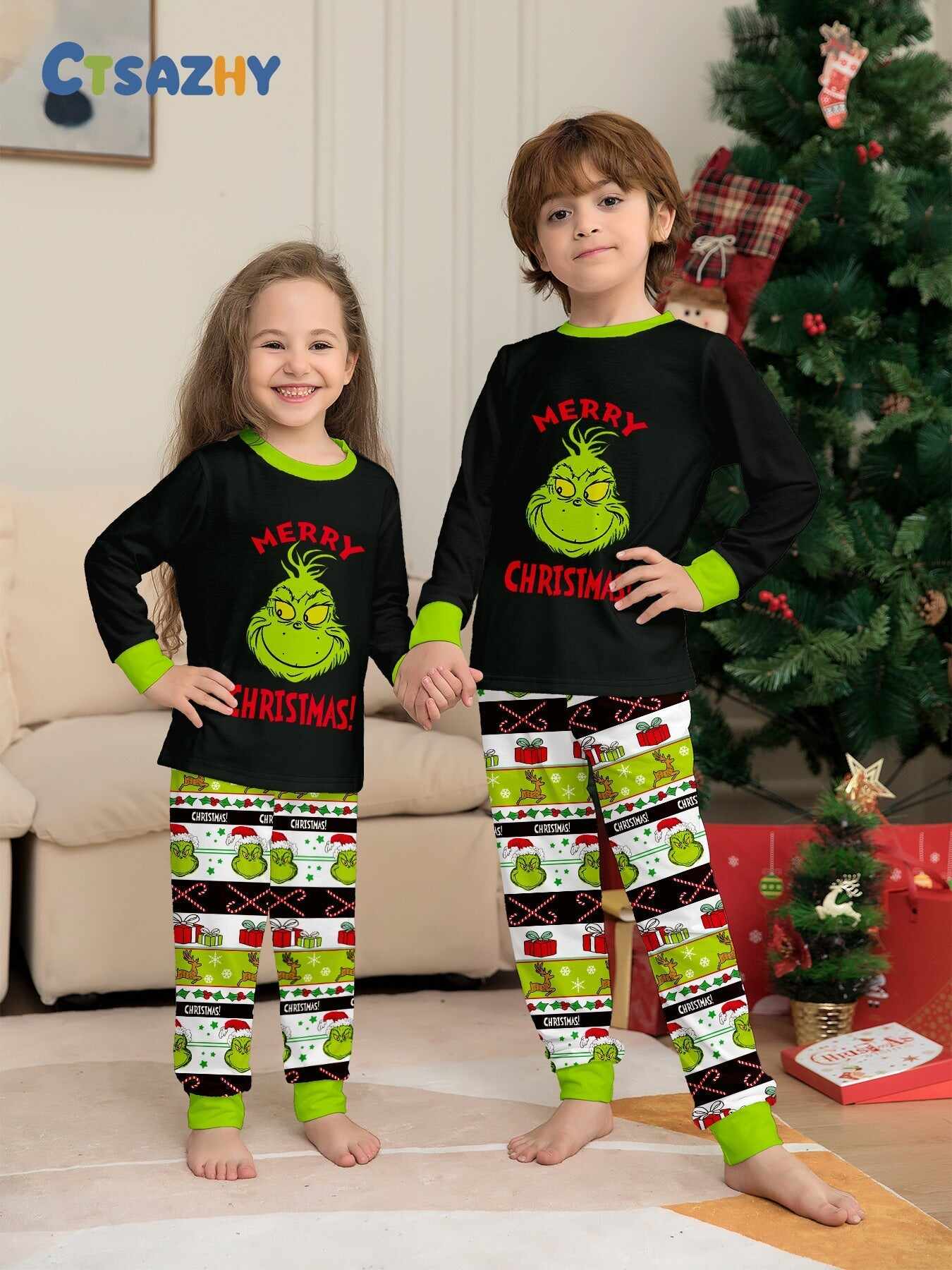 Christmas Grinch Cartoon Print Family Matching Long Sleeve Pajama Set