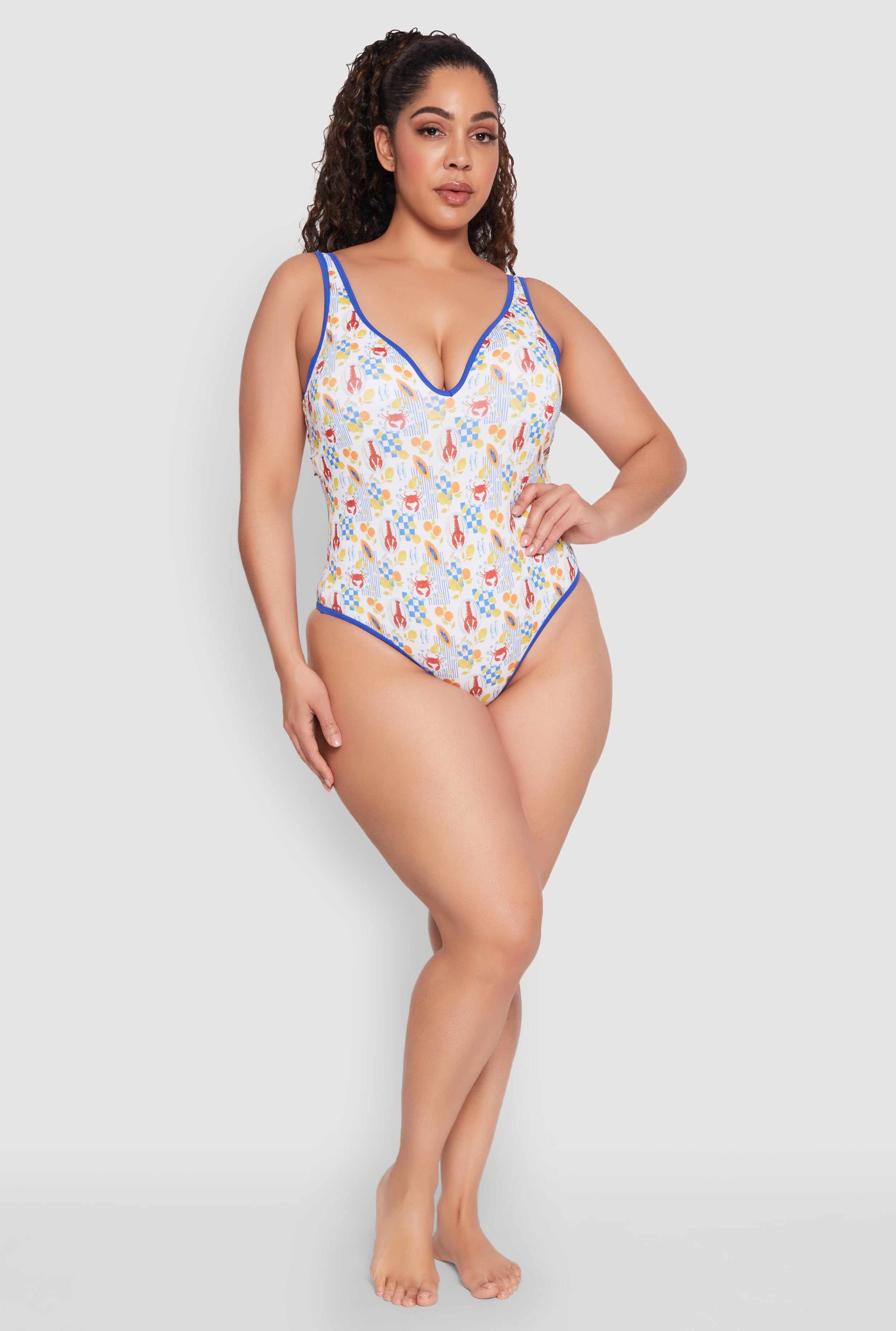 Plus Size Tropical Crab Papaya Print One Piece Swimsuit