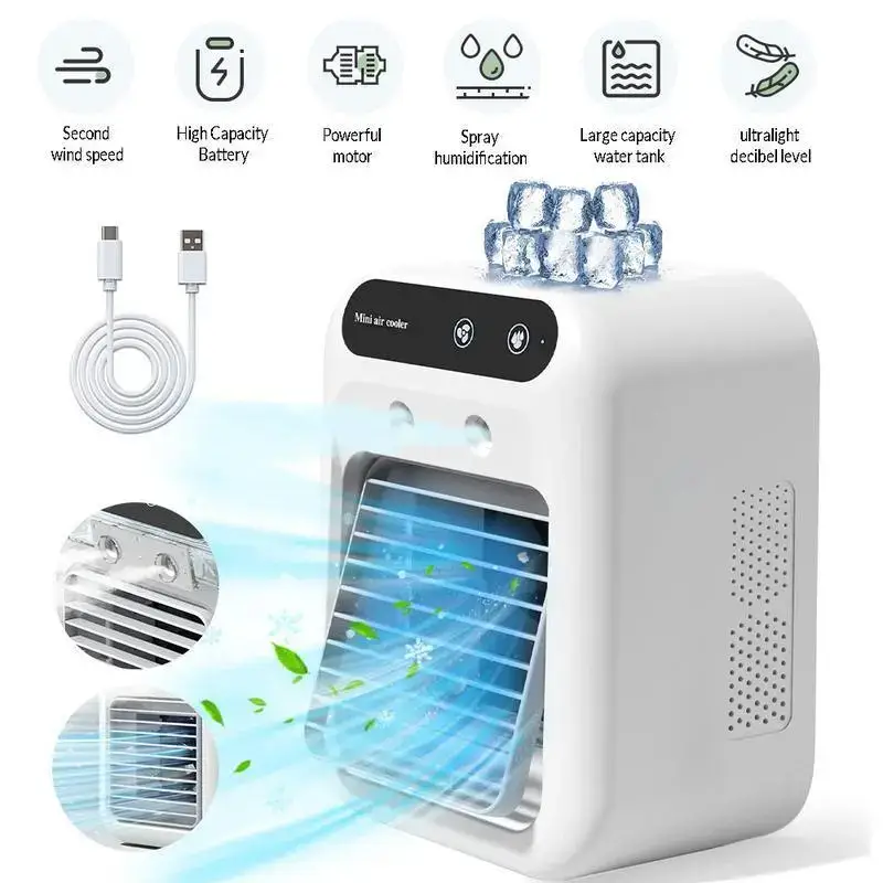 Portable Air Cooler Fan 3 in 1 Rechargeable Fan with 2 Mist Speeds and Powerful Wind, Mini Multifunctional Cooling Fan for Bedroom, Office, Camping