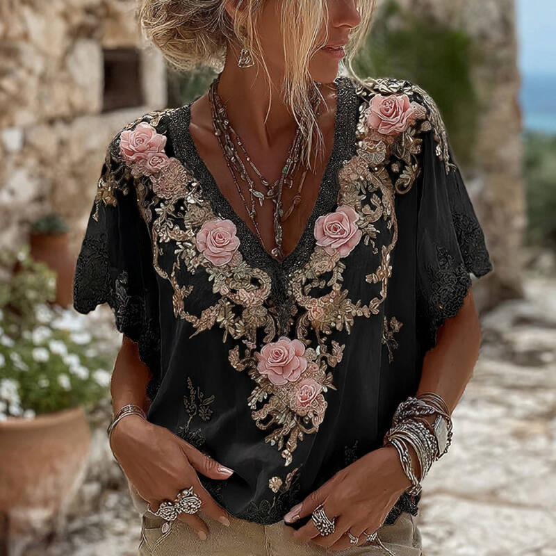 Women's Pink Roses Embroidered Art V-neck Short Sleeve Linen Blend T-shirt