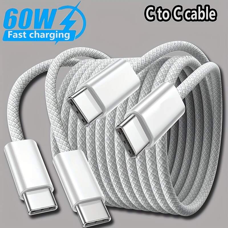 2pcs 60W USB-C to USB-C fast charging cable, 3-foot durable nylon braided flat data cable, suitable for iPhone 15/ Samsung/ Oppo/ Vivo/ Redmi and various Type-C interface products, high-speed transmission and fast charging, Type-C interface