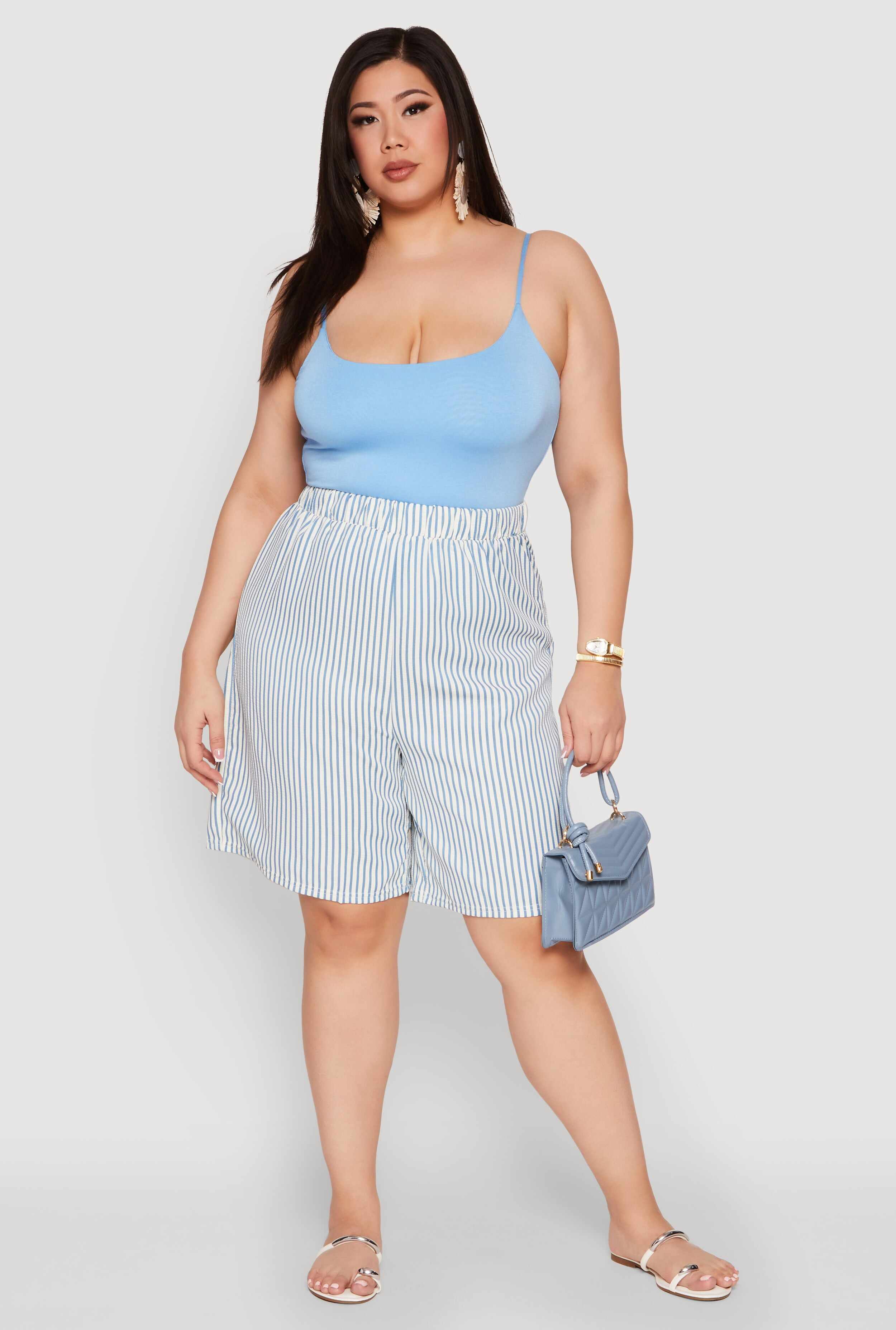 Plus Size Striped Seersucker Bermuda Shorts