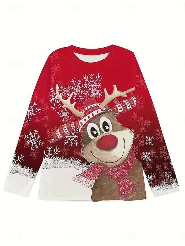 Women's Christmas Sweatshirt Reindeer Snowflake Print Long Sleeve Crew Neck Holiday Red White Casual Festive Winter Clothing Apparel