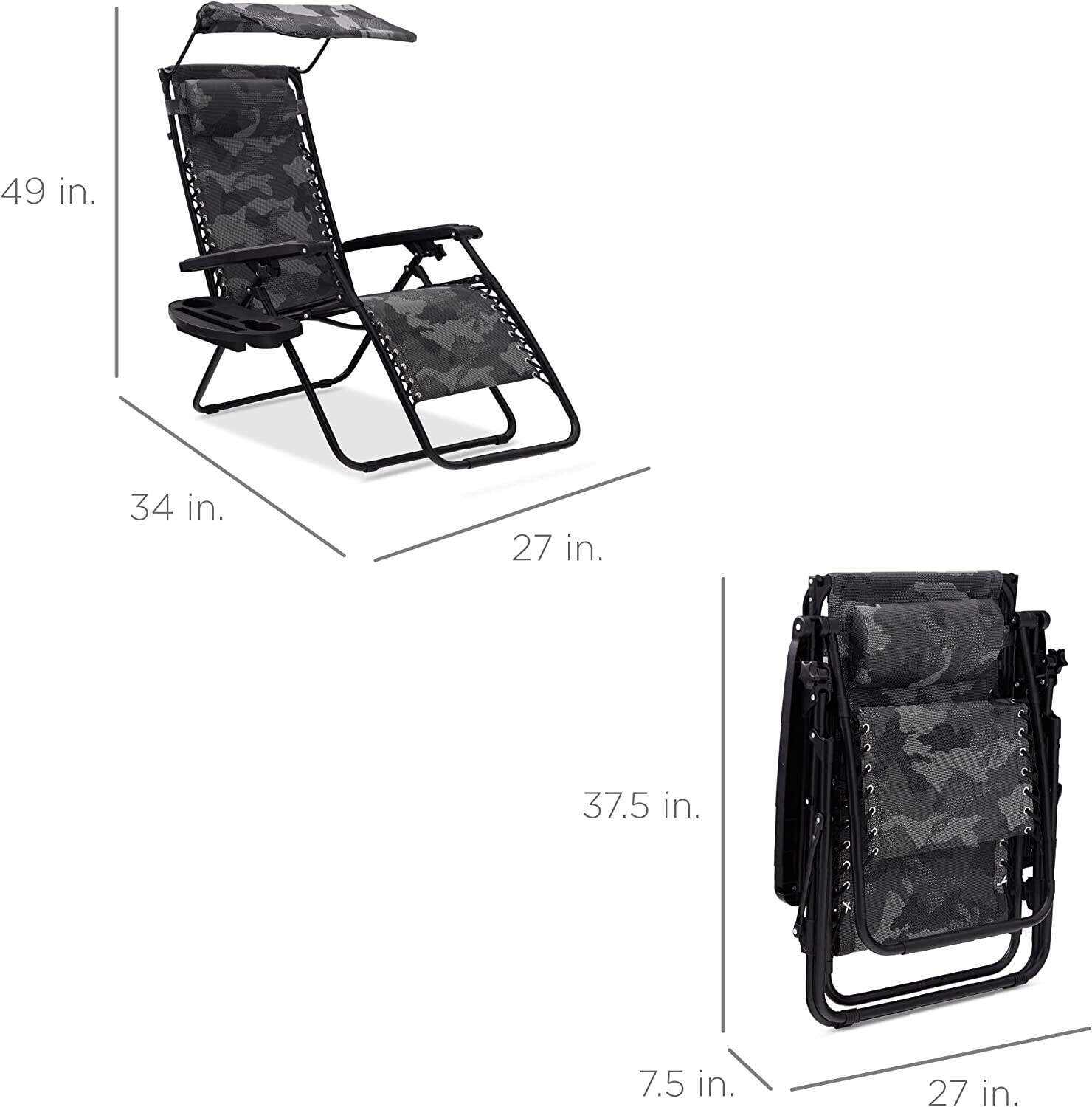 Folding Zero Gravity Outdoor Recliner Patio Lounge Chair w/Adjustable Canopy Shade, Headrest, Side Accessory Tray, Textilene Mesh - Beige