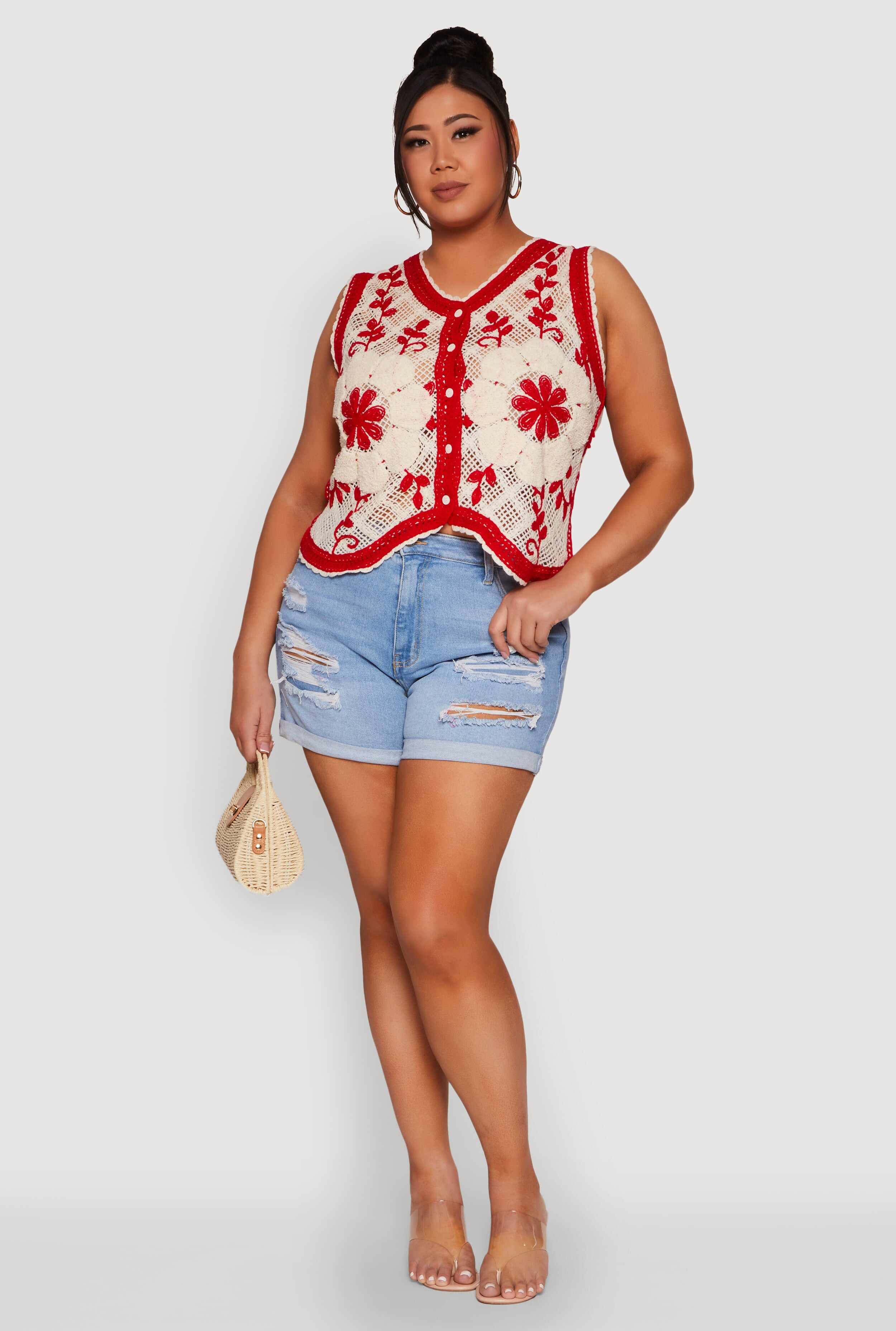Plus Size Floral Pattern Crochet Vest