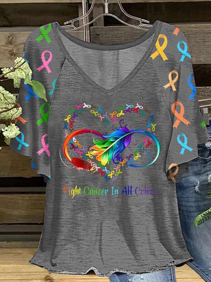 Women's Fight Cancer In All Colors Ruffle Sleeve T-Shirt