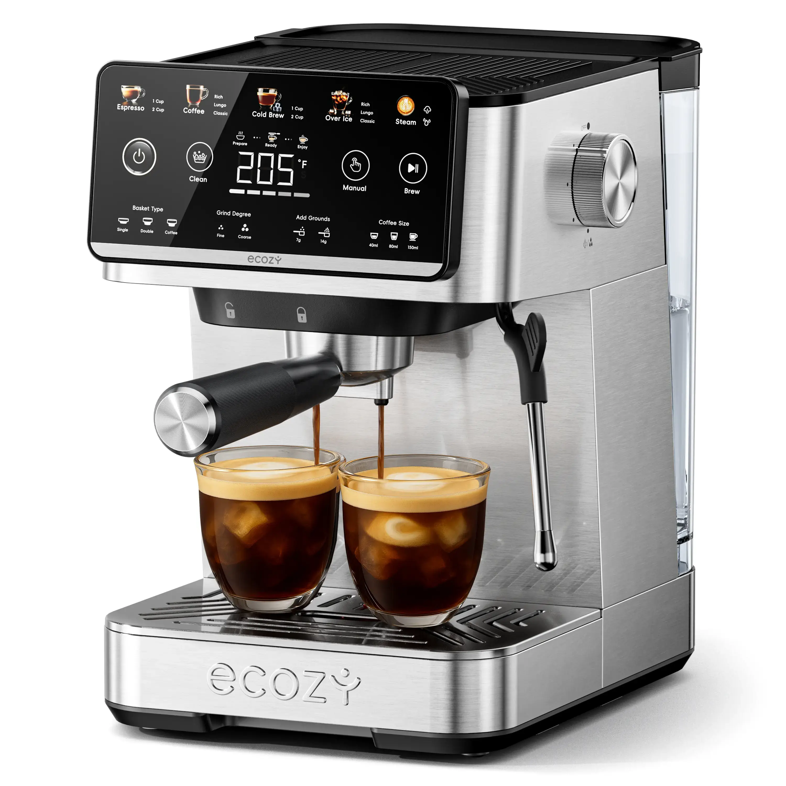 4-in-1 Espresso Machine  LED Touch Screen, 20 Bar Pump - Home Coffee Bar, Drip Coffee, Cold Brew and Over lce Machine, Intergrated Milk Frother, Stainless Steel, Brezzano Elite Series for Cappuccinos, Lattes, Americanos