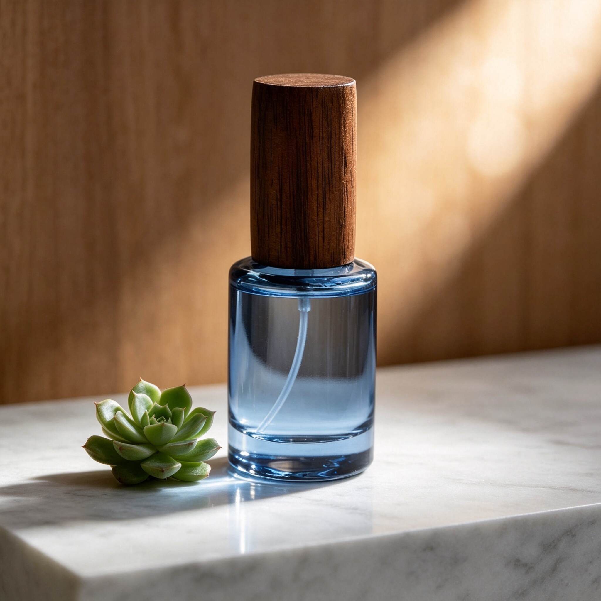 Slow Time Blue Glass Perfume Spray Bottle With Wooden Cap