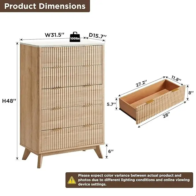 Modern Fluted 5 Drawers Dresser, Chest of Drawers, Dresser TV Stand