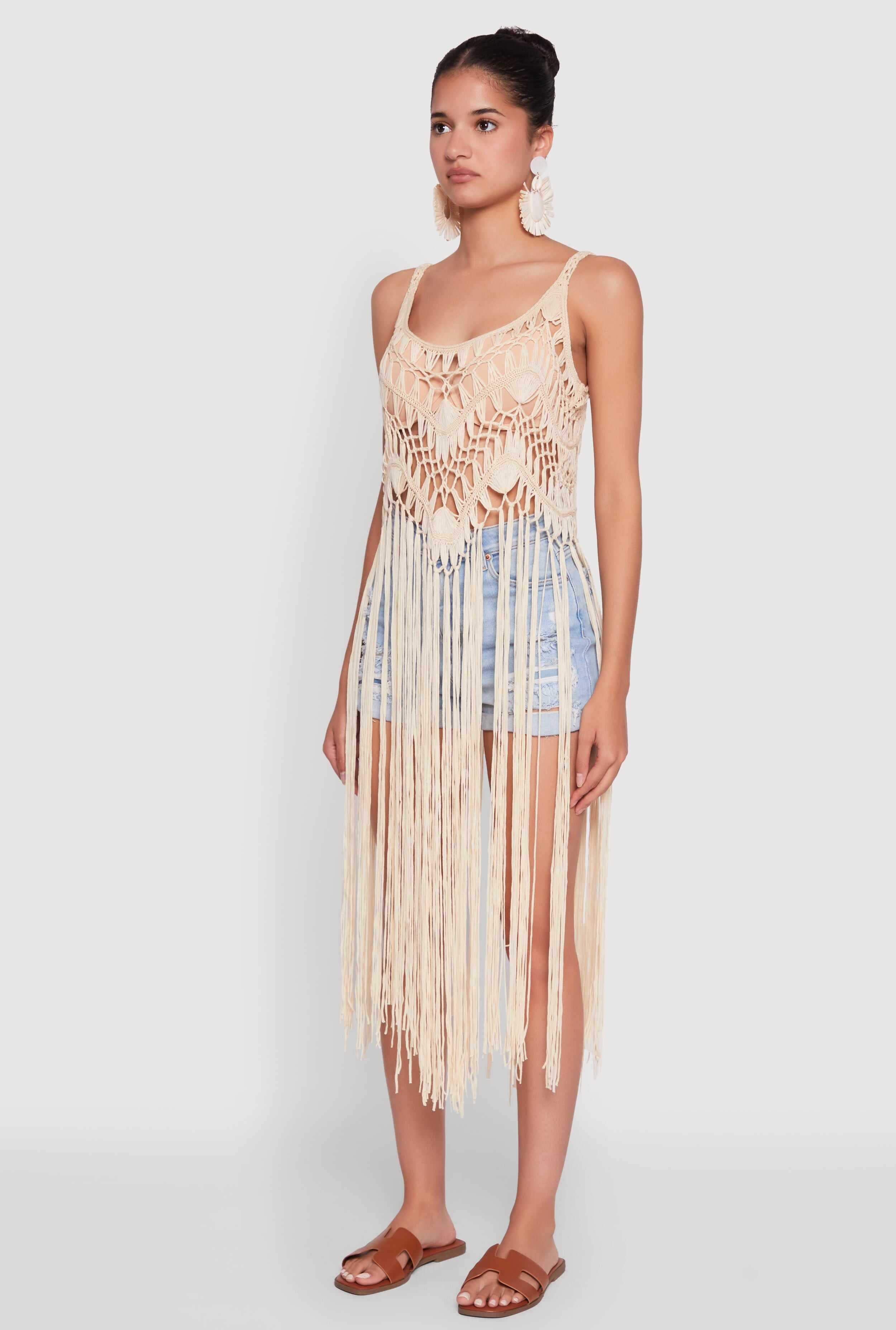 Trendy Crochet Scoop Neck Fringe Maxi Top