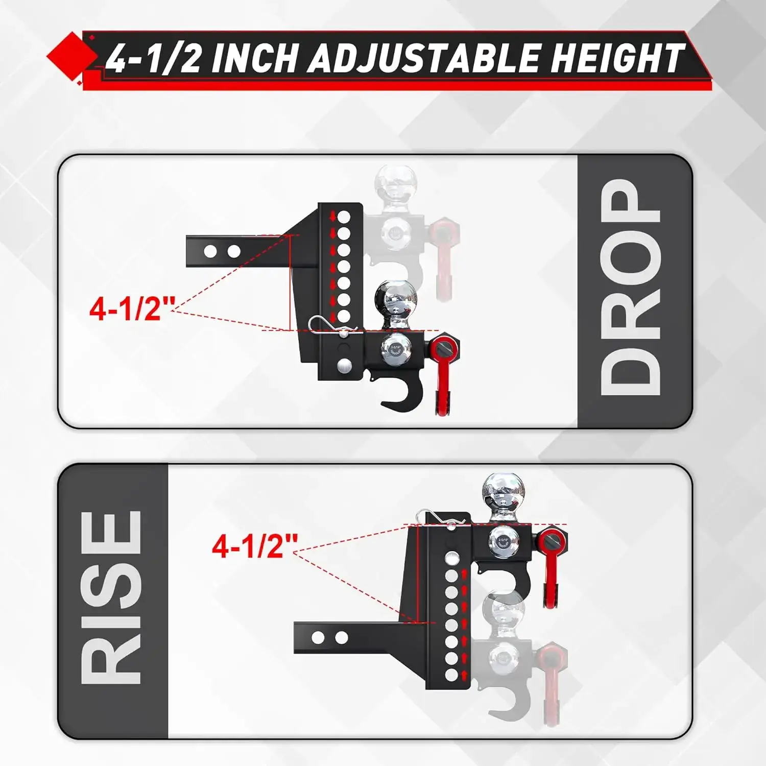 Adjustable Heavy-Duty Tri-Ball Trailer Hitch Mount with Anti-Theft Lock Pins & Rotatable Tow Shackle, No-Rattle Towing for 2