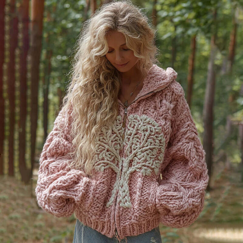 Women's Viking Pink Tree Of Life Art Knit Zipper Cardigan Sweater
