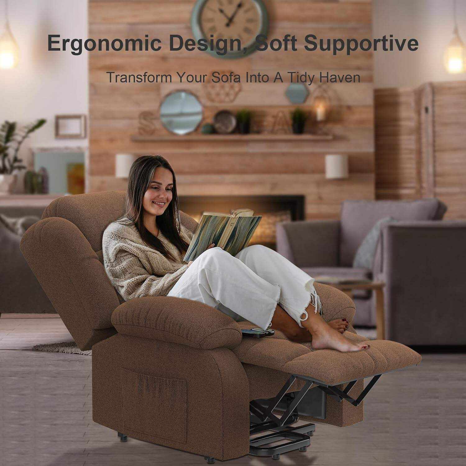 YONISEE Lar2ge Lift Chairs Recliner for Elderly - Power Fabric Lift Chair Modern with Massage and Heat, Extended Footrest, 3 Positions, 2 Side Pockets, and Cup Holders, USB Ports, Coffee Color