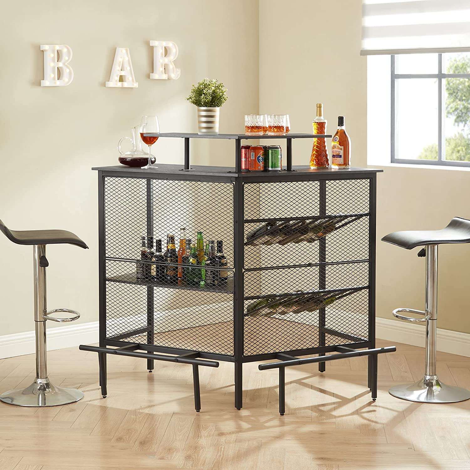 VECELO Bar Unit, 3 Tier Liquor Cabinet with Metal Mesh Front