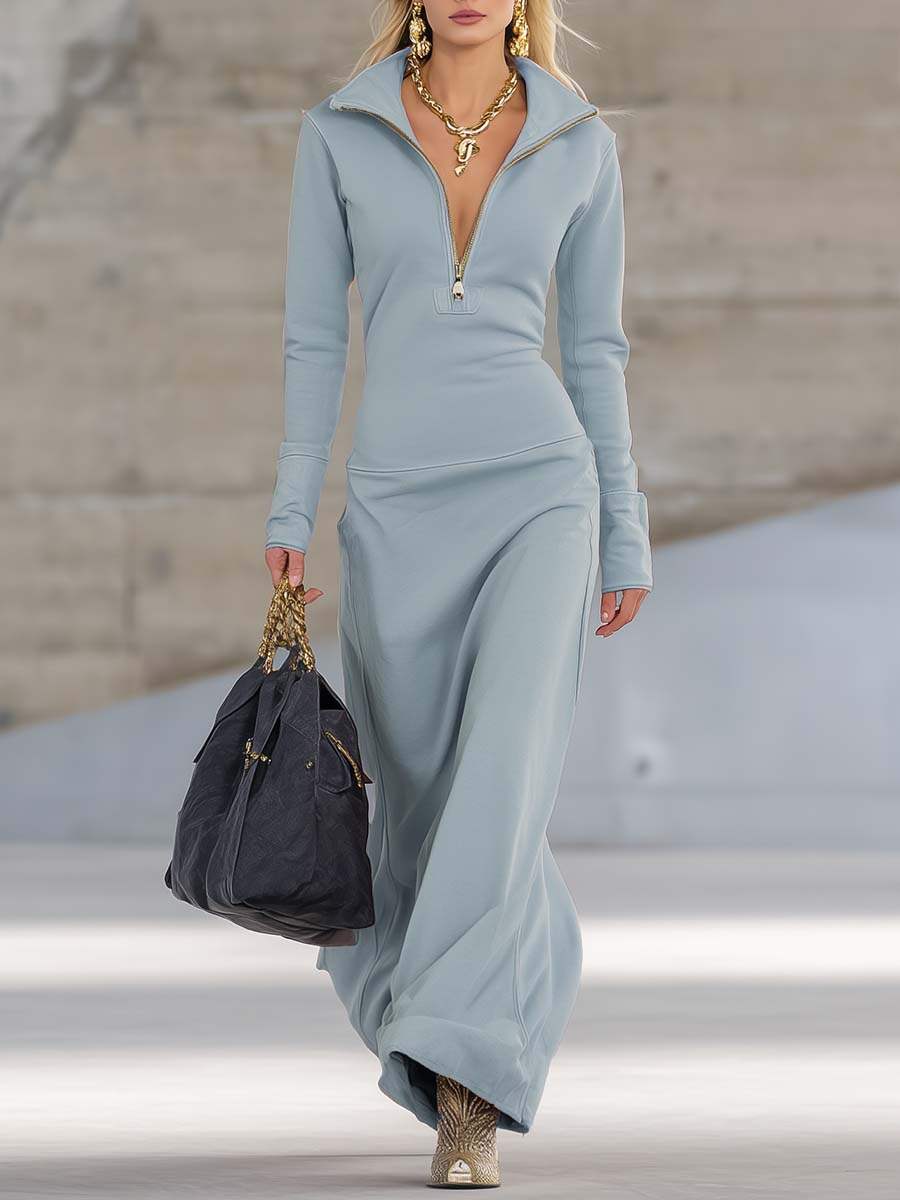 Elegant Retro Sporty V-neck Front Zipper Long-sleeved Pink Maxi Dress