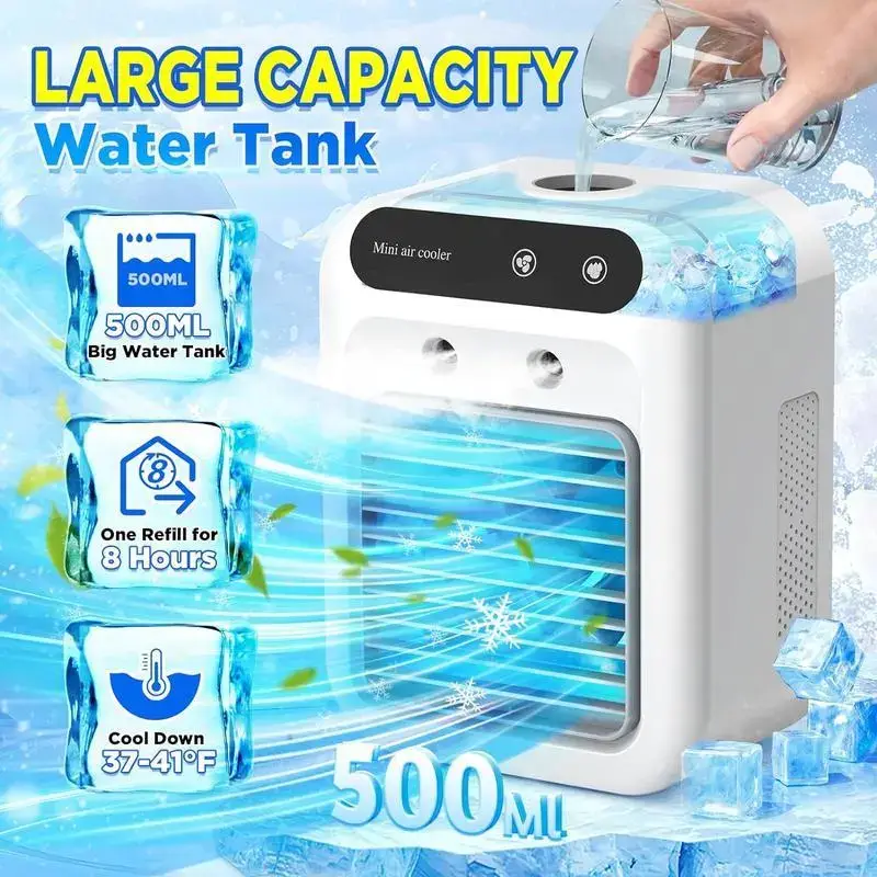Portable Air Cooler Fan 3 in 1 Rechargeable Fan with 2 Mist Speeds and Powerful Wind, Mini Multifunctional Cooling Fan for Bedroom, Office, Camping