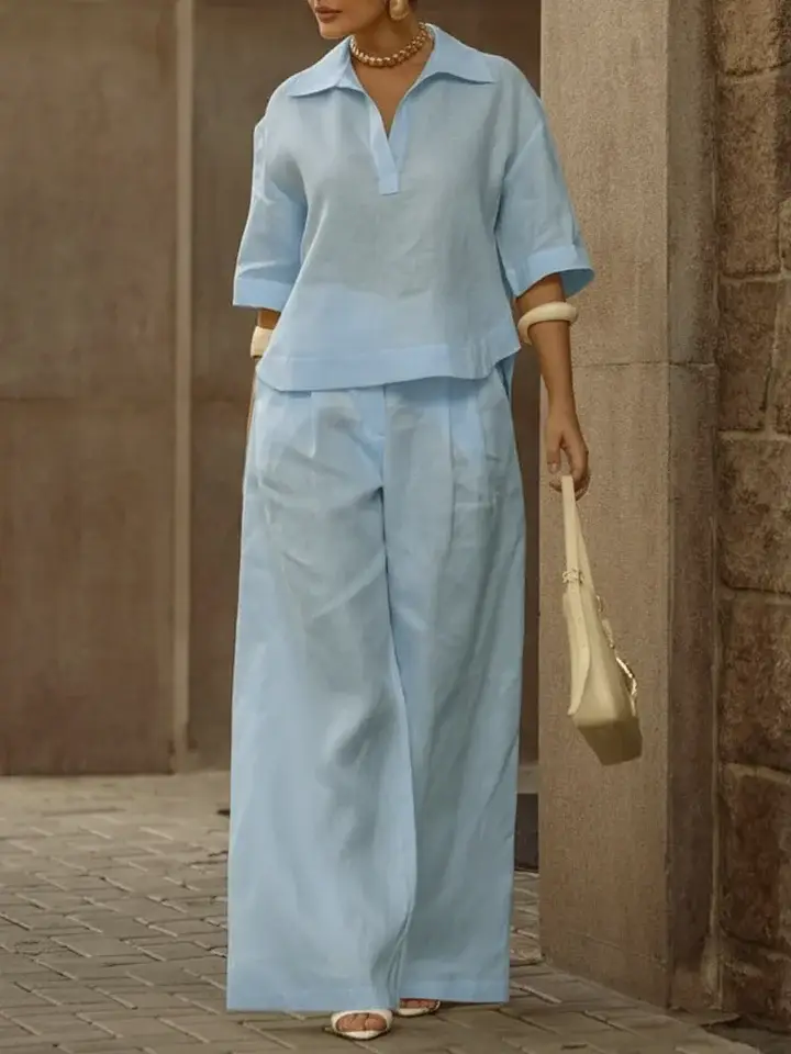 🔥Summer Arrivals🌟Women's Casual Linen And Cotton Shirt And Wide-leg Pants Two-piece Set