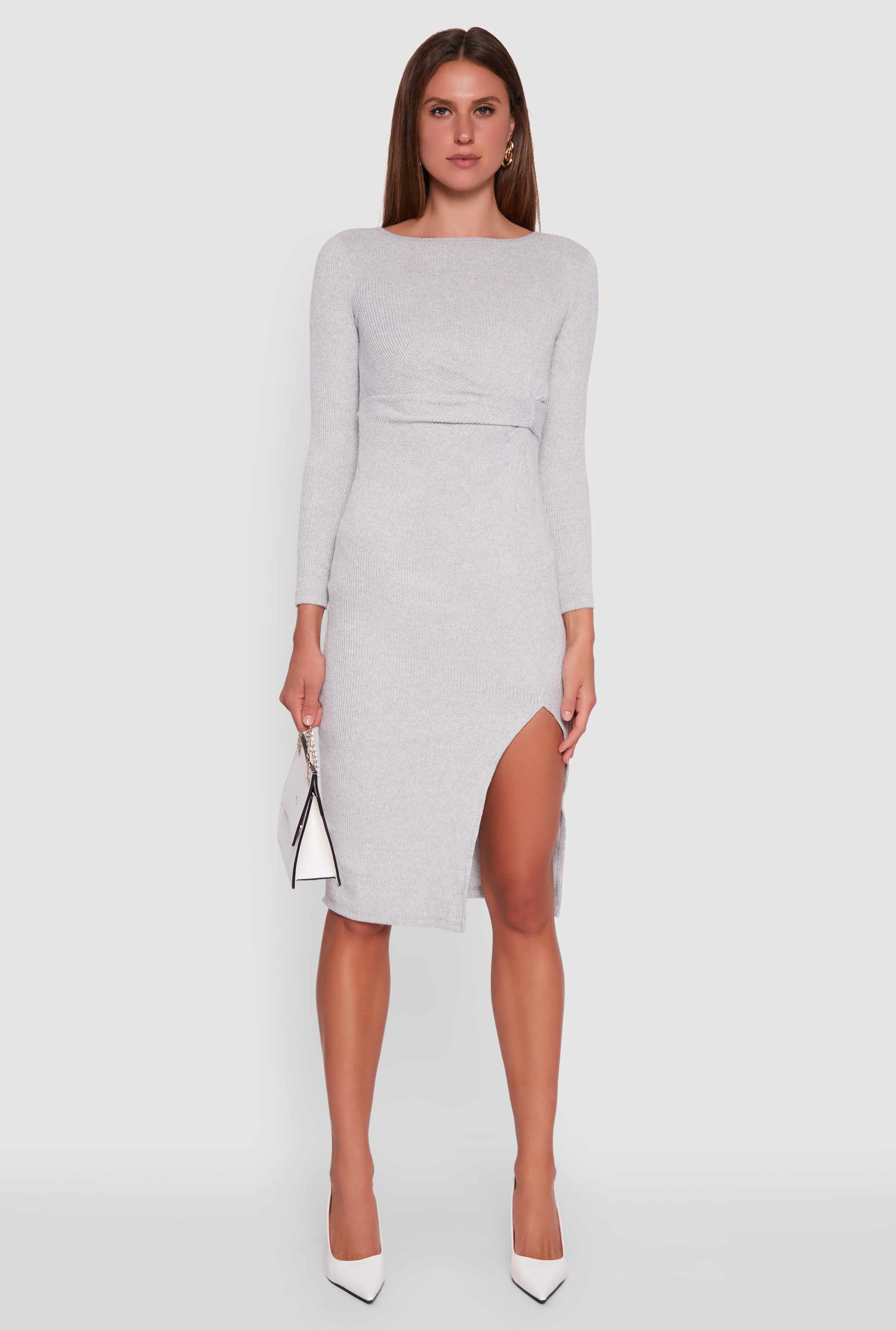 Marled Boat Neck Ruched Side Slit Midi Dress