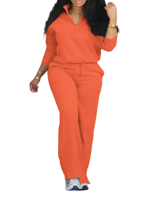 Women's Solid Half Placket Split Hem Pants Set