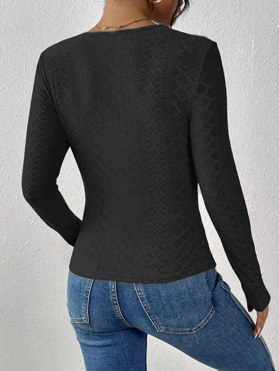 V-Neck Lace Panel Long-Sleeved Top
