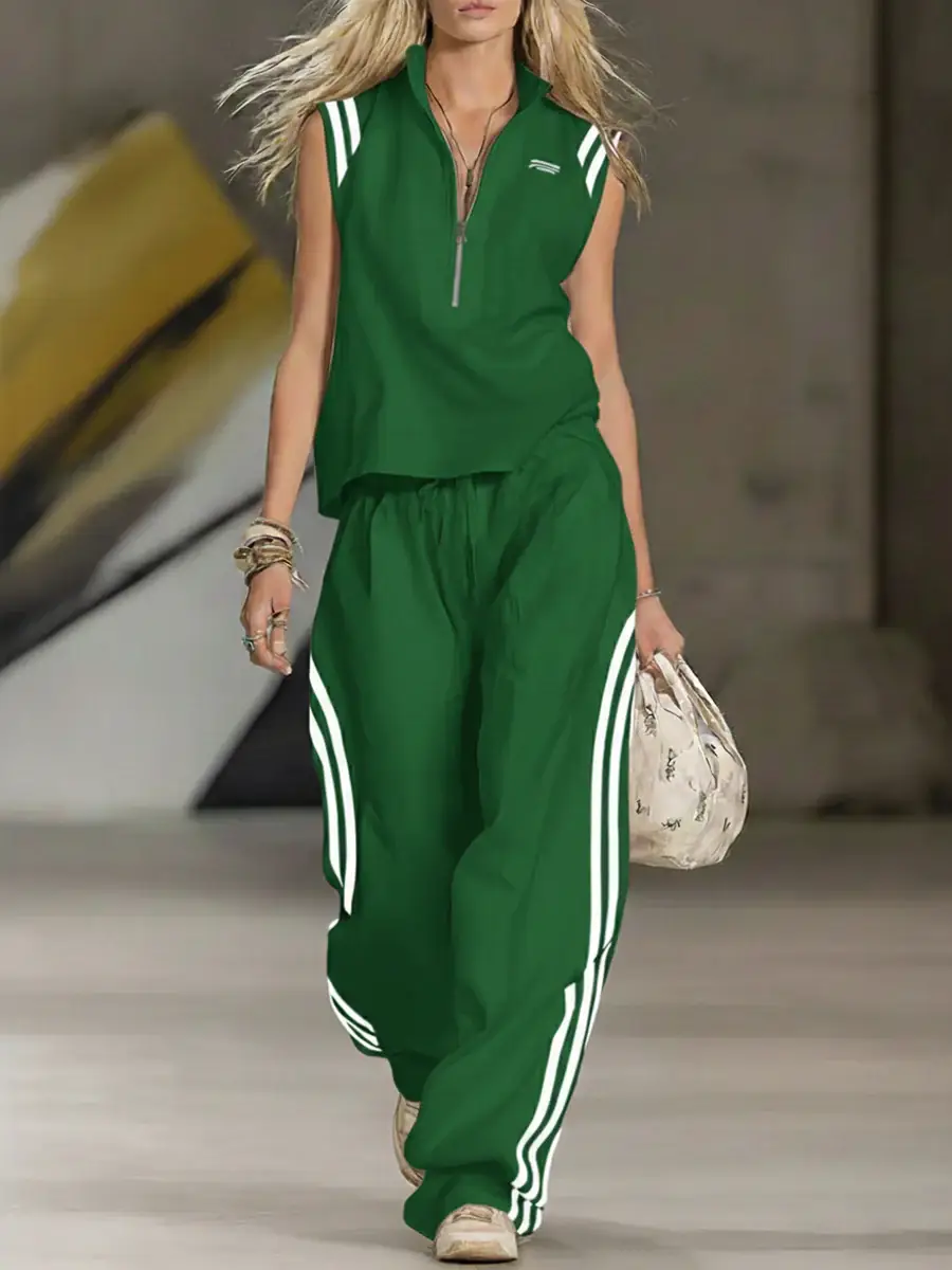 🔥Summer Arrivals🌟Women's Casual Patchwork Striped Zip-up Top And Pants Two-piece Set