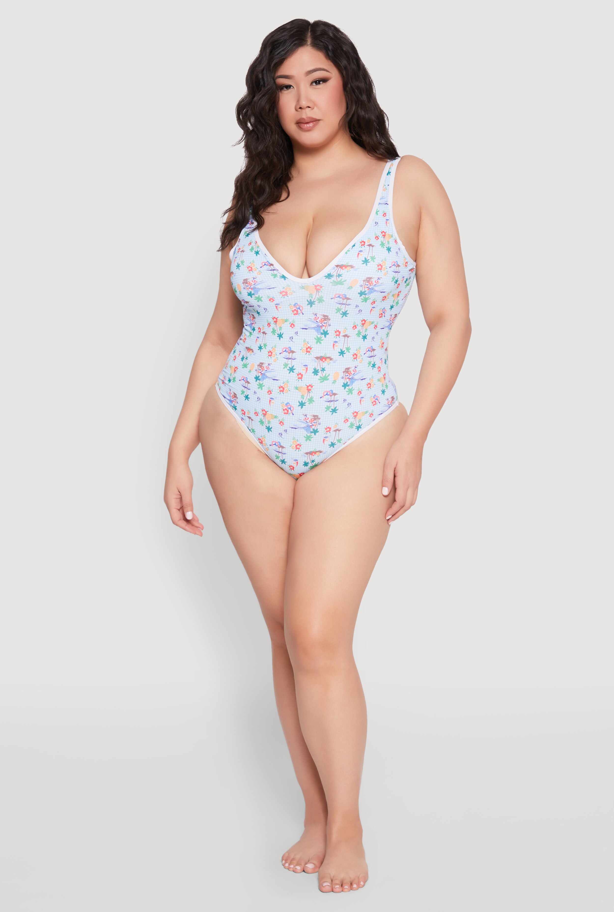 Plus Size Gingham Island Print One Piece Swimsuit