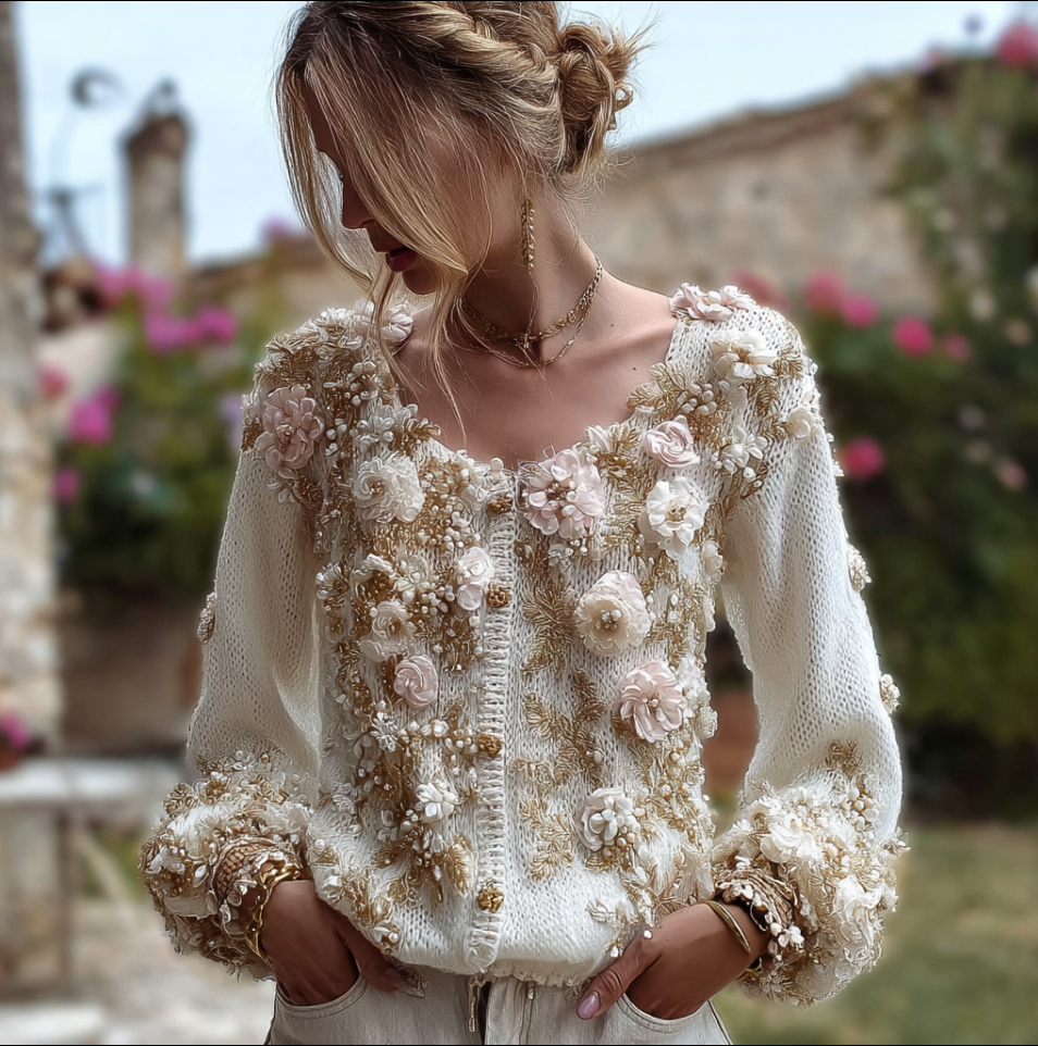 Bohemian Style 3d Pink Flower Knitted Pattern Women's V-neck Long-sleeve Knitted Sweater Jacket