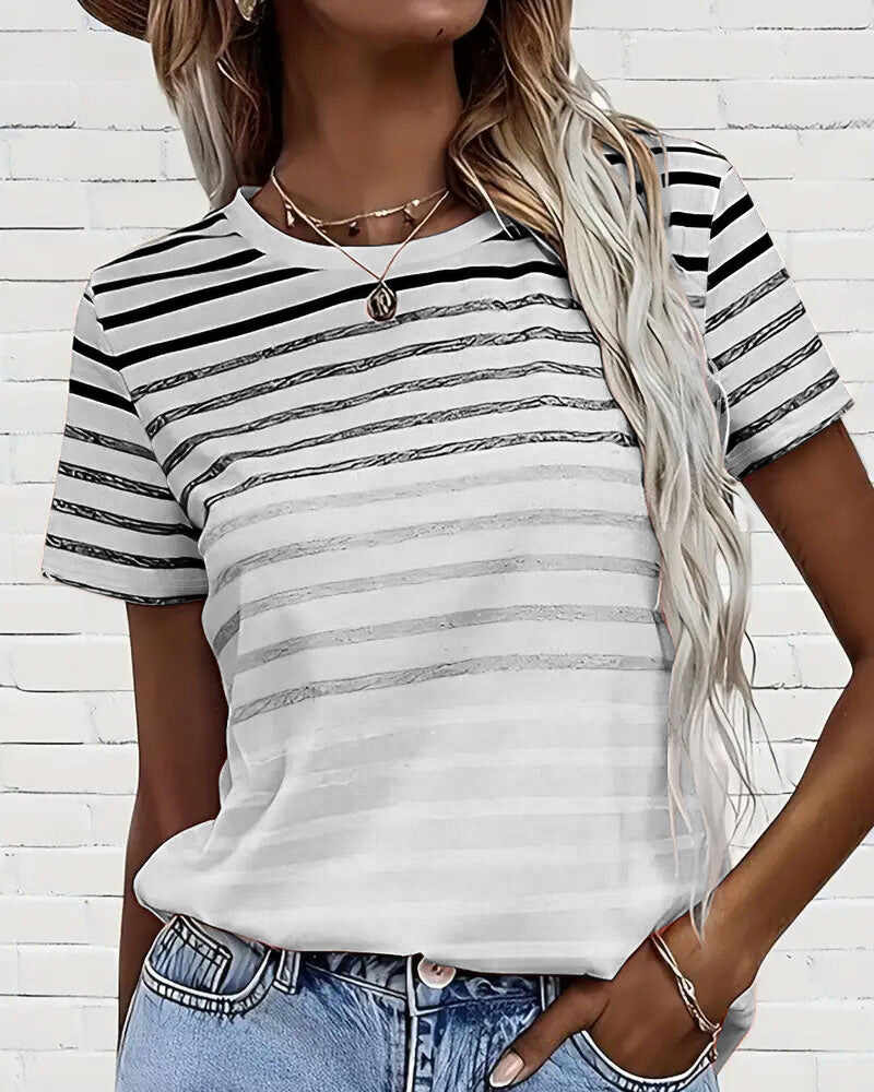 Aumora Round Neck Short Sleeve Striped T-Shirt