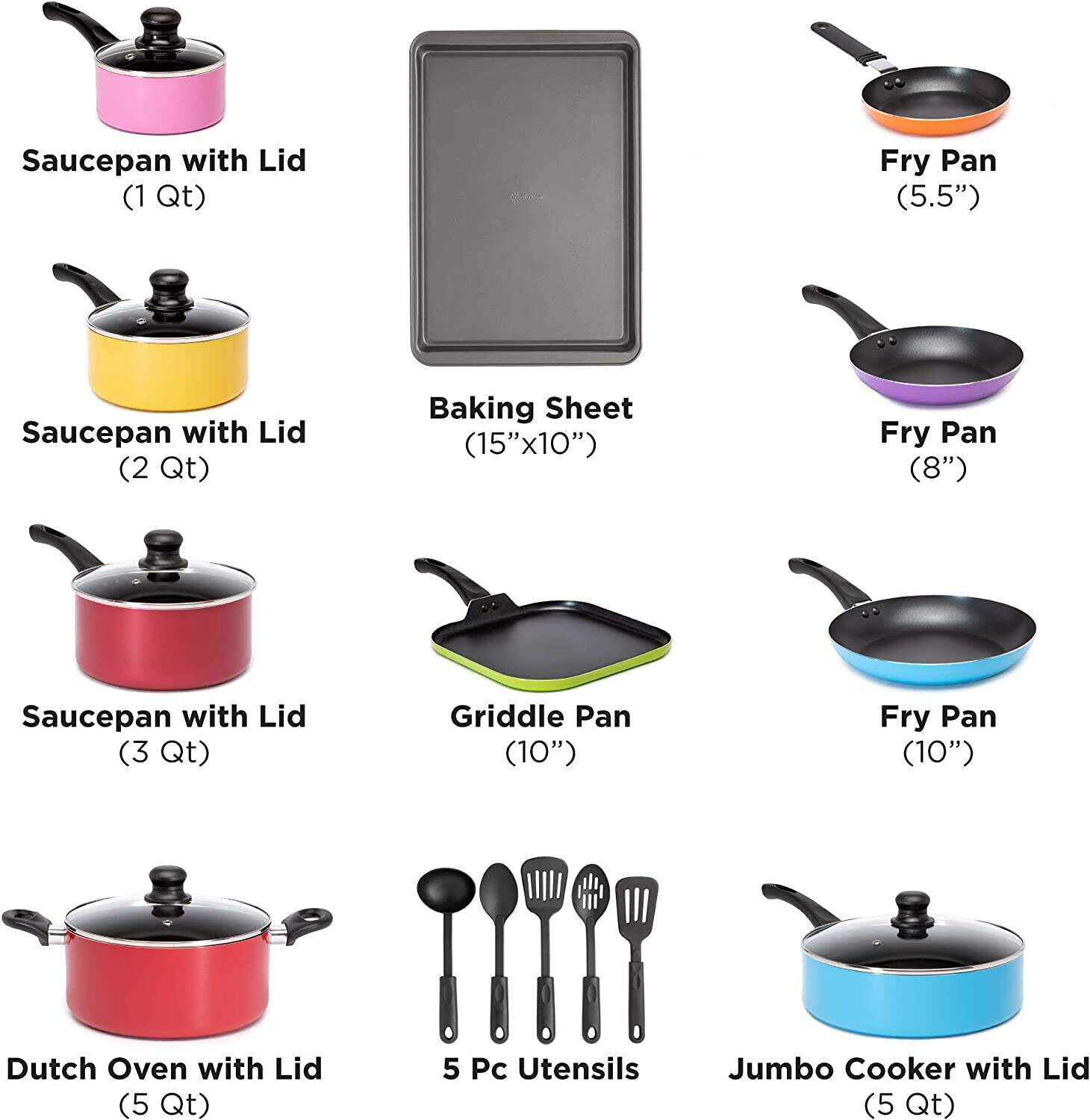 Nonstick Cookware Set, Features Kitchen Essentials, Bamboo Cooking Utensils Set, Vented Glass Lids, Ergonomic Grip Handles, Made without PFOA, Dishwasher Safe, 20-Piece, Red