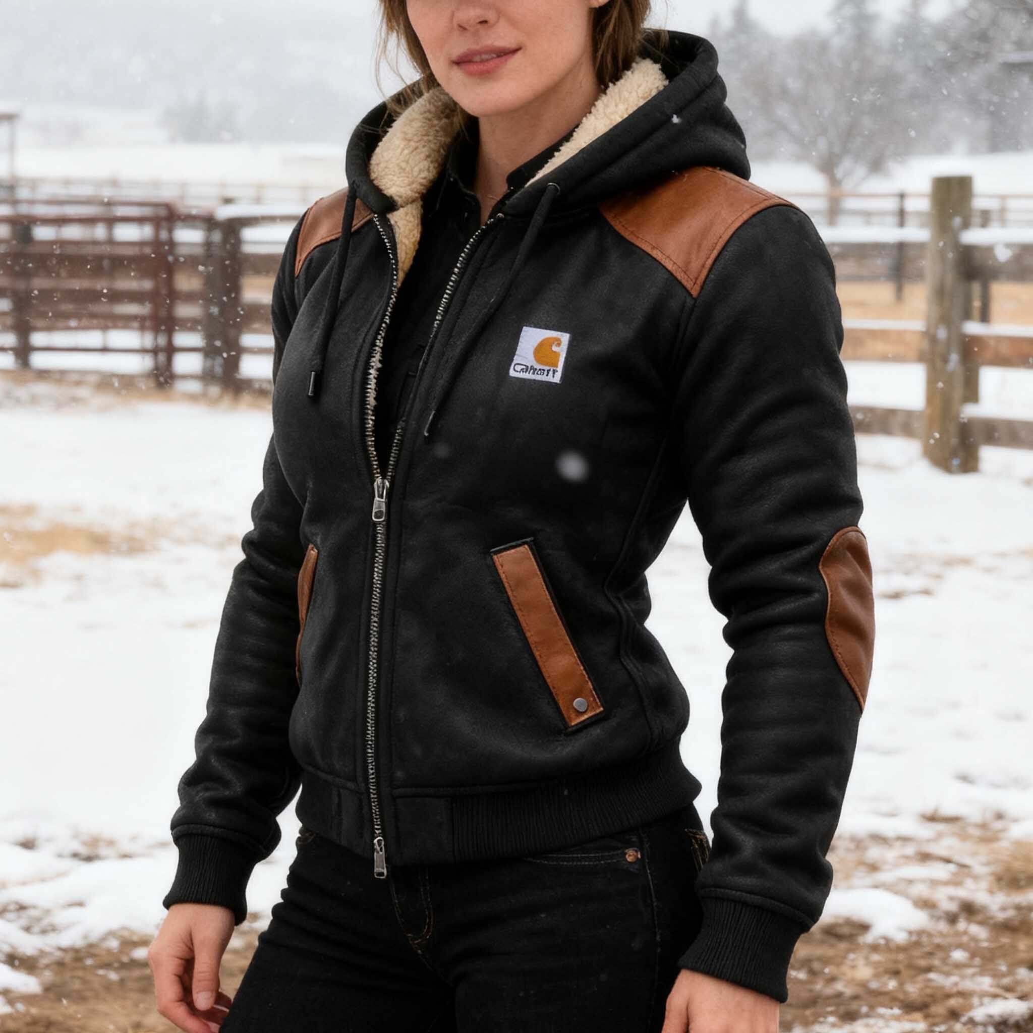 Women's Vintage Warm Winter Leather Hooded Jacket With Sherpa Lining