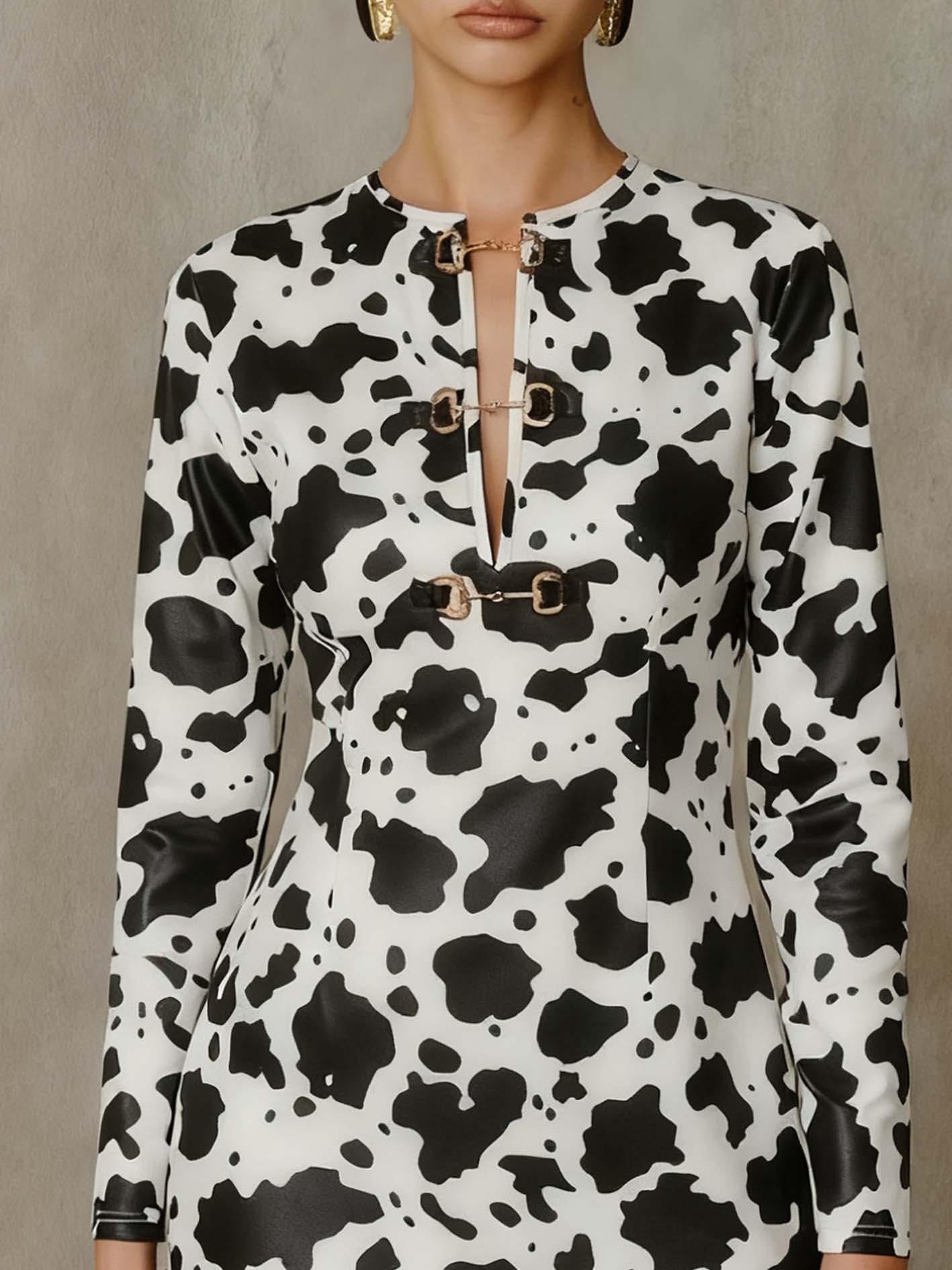 Buttoned Cow-print White Faux Leather Mini Dress