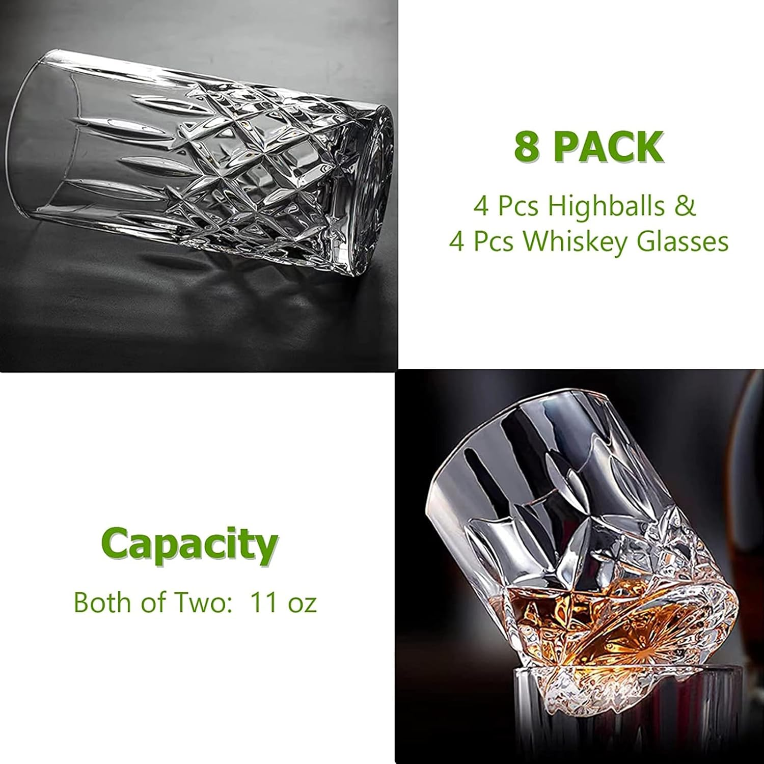 Qipecedm Drinking Cup, 8 pieces of crystal glassware, mixed glassware set, 4 pieces of crystal old-fashioned 325ml highball glasses and 4 pieces of 325ml whisky glasses. Perfect for cocktails, whisky and other beverages.