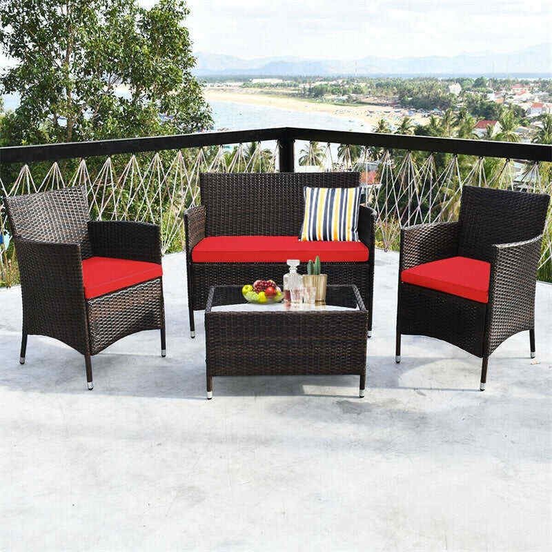 4 Pcs Outdoor Rattan Patio Conversation Set Wicker Furniture Set with Coffee Table and Cushioned Sofas