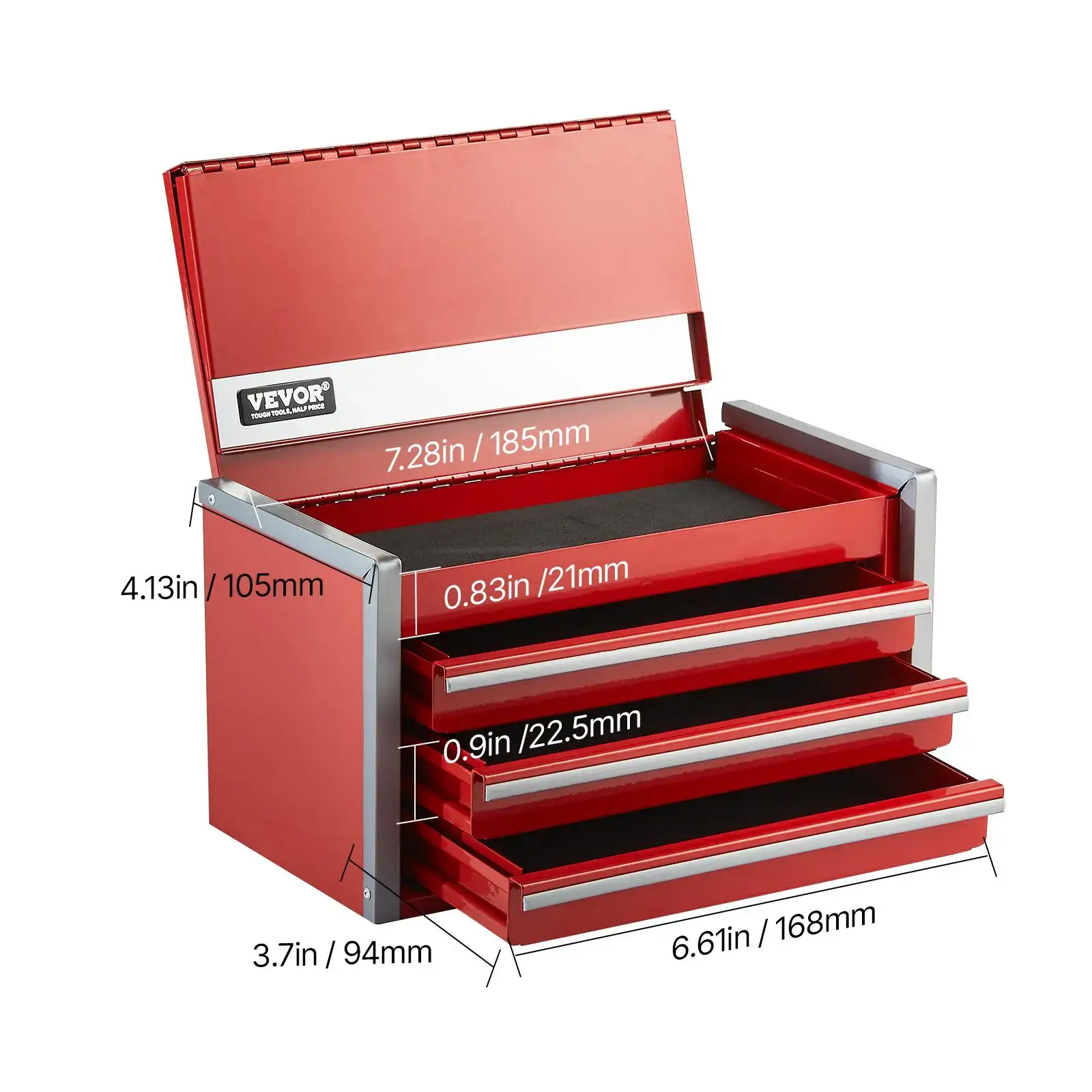 8.6 Inch Portable Metal Tool Box with 3 Drawers, Heavy Duty Steel Small Tool Chest with EVA Liners & PP Feet Pads, Ball Bearing Slides & Powder Coated Finish