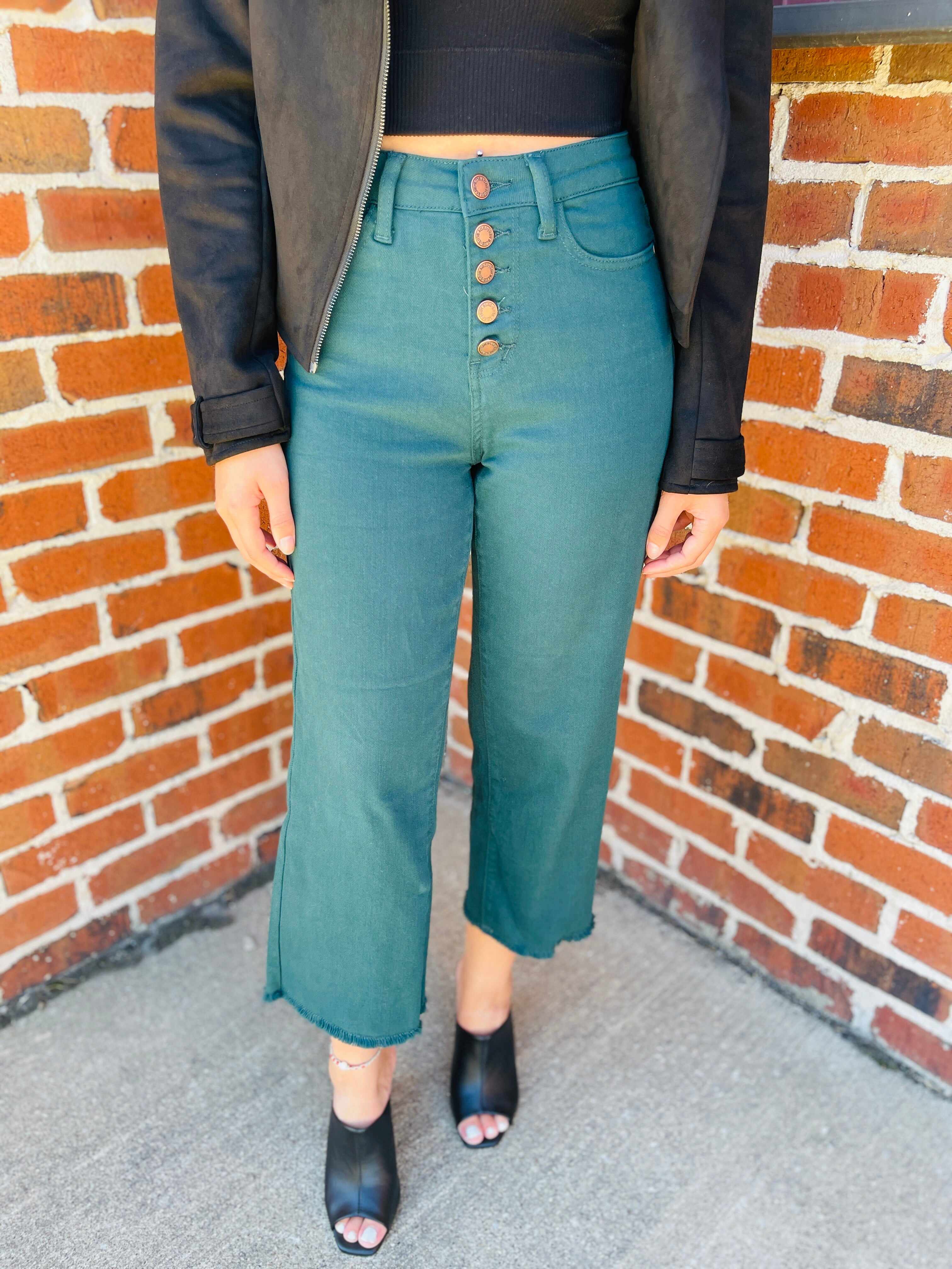Plus/Reg Bright As A Button Fly Wide Leg Teal Jeans