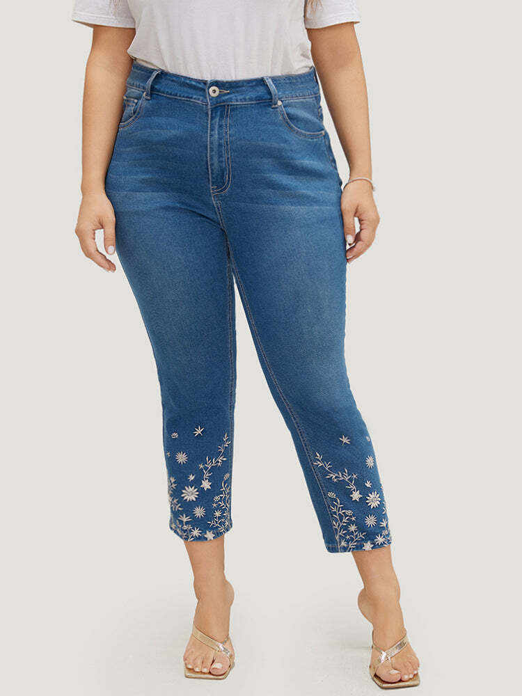 Very Stretchy High Rise Medium Wash Embroidered Hem Jeans