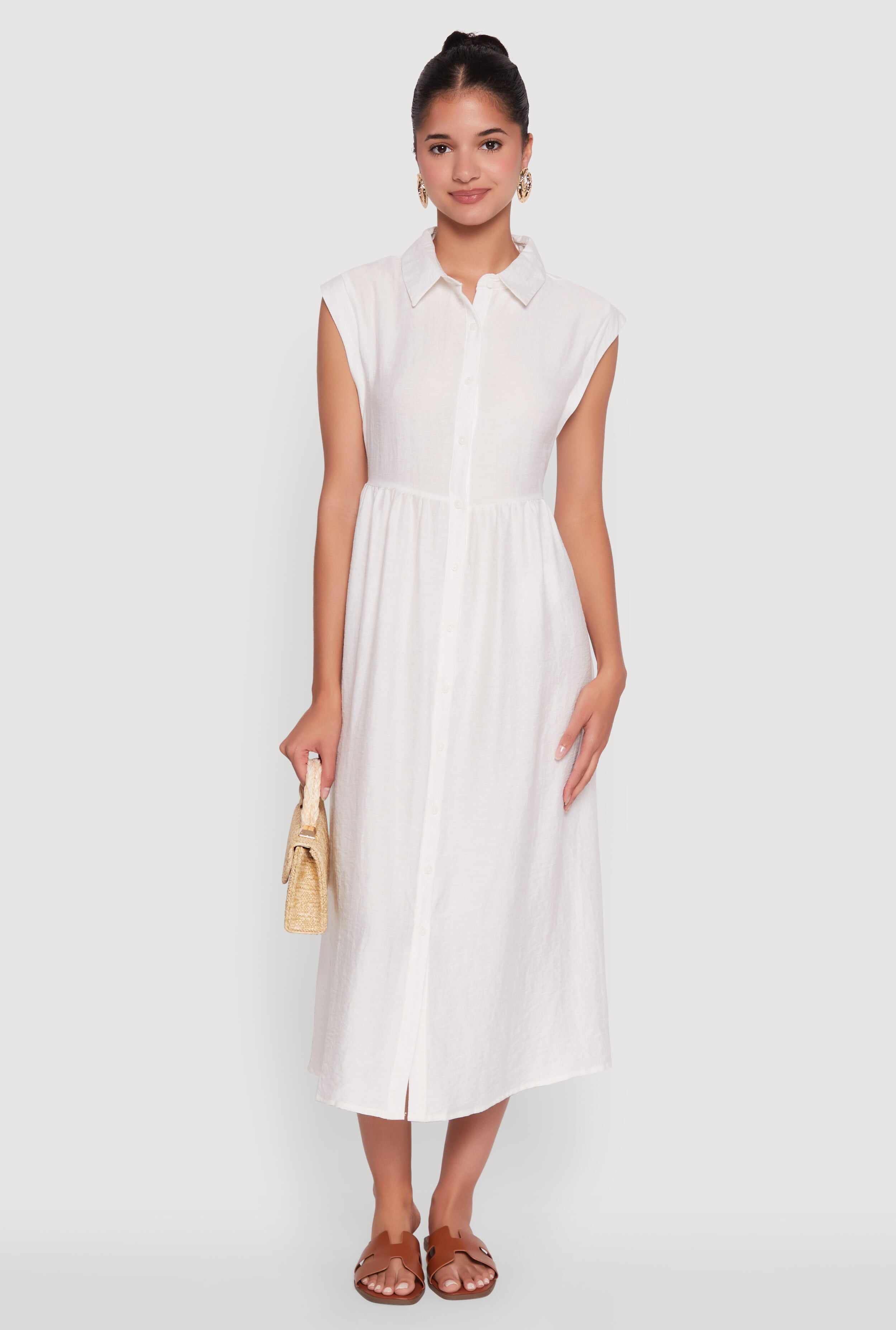 Linen Mid Length Shirt Dress with Cap Sleeves