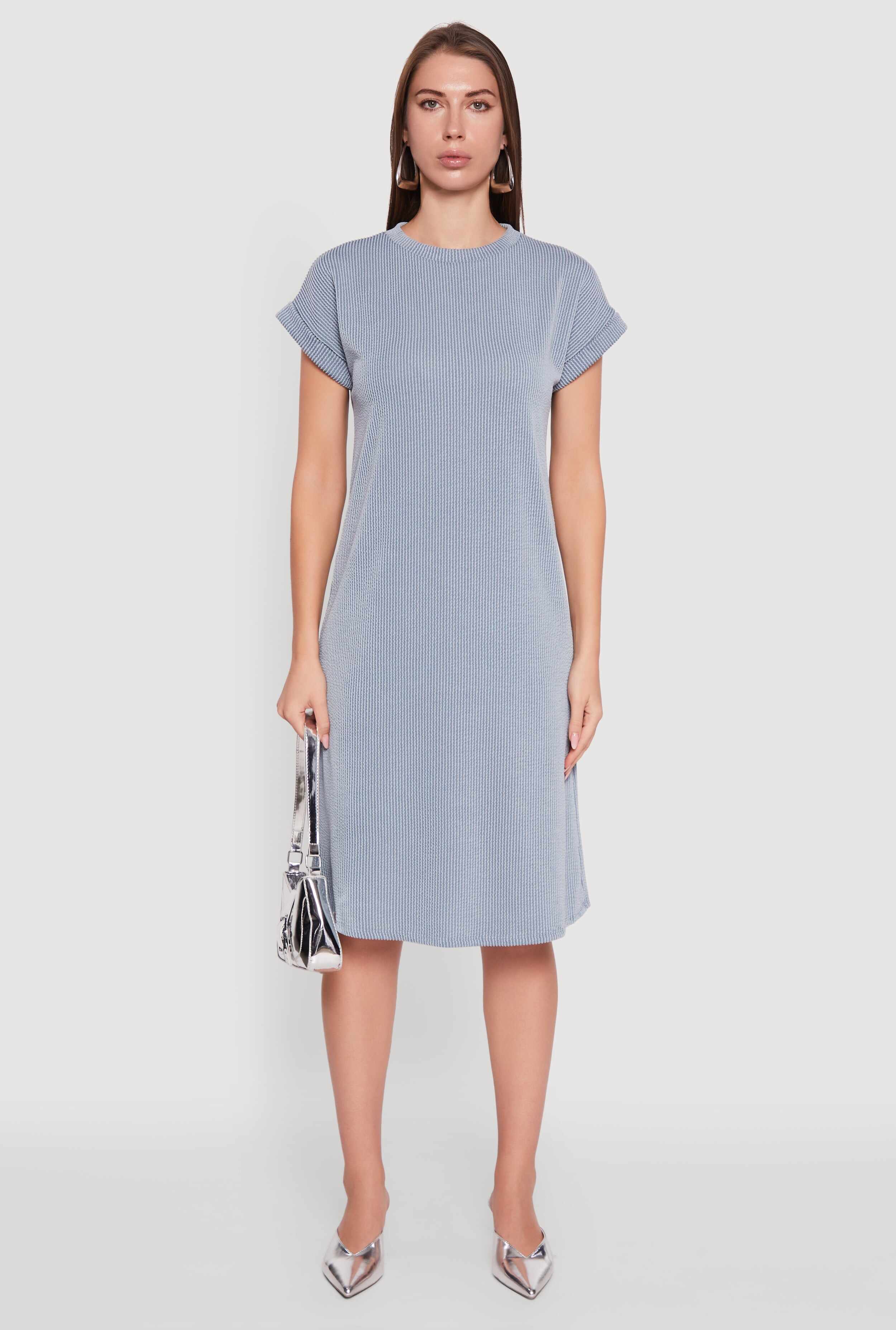 Rib Knit Shadow Stripe Fixed Cuff T-Shirt Dress