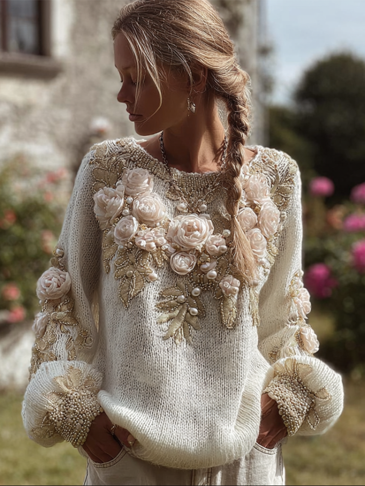 Bohemian Style Three-dimensional Pink Flower Knitted Pattern Women's V-neck Long-sleeve Knitted Sweater