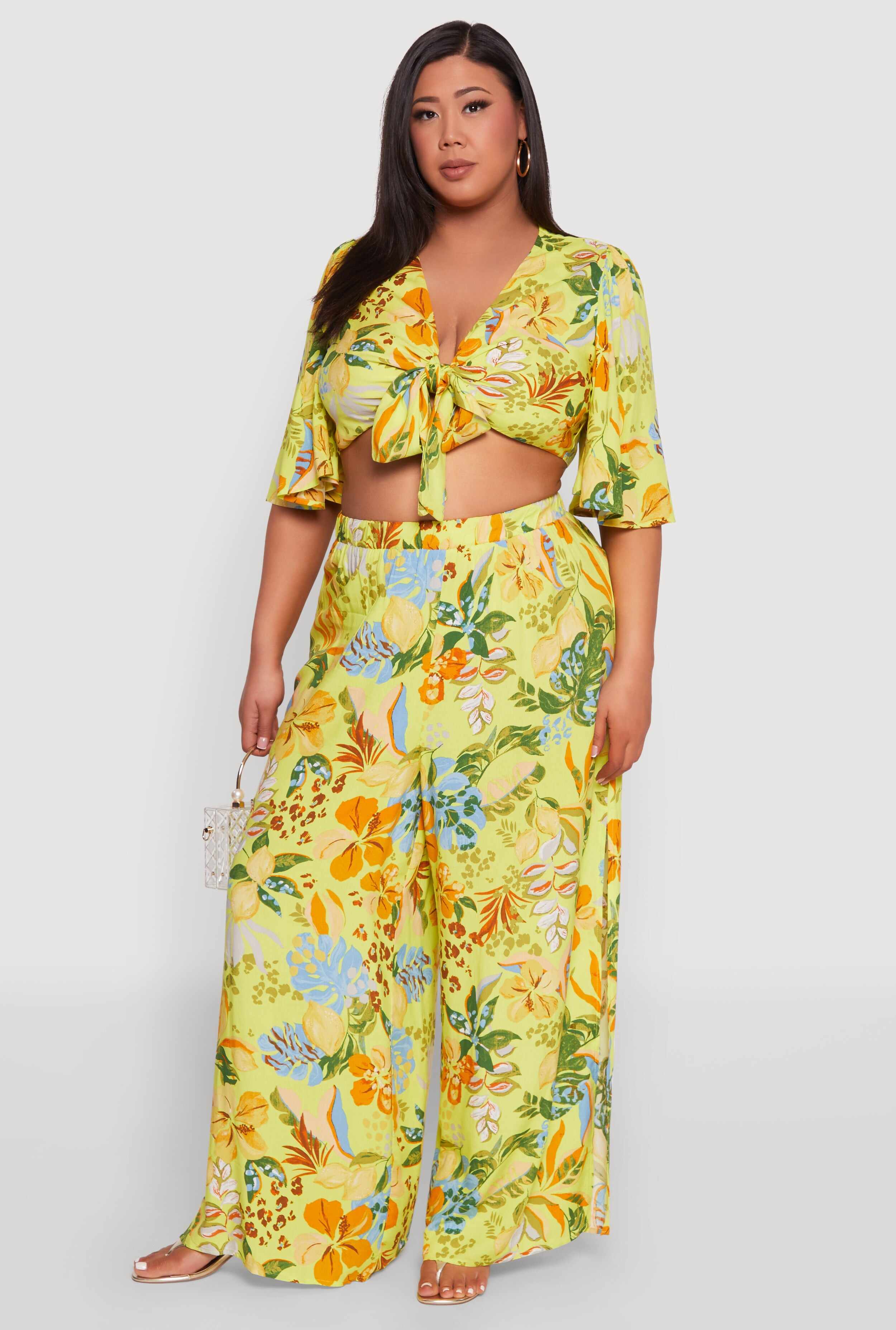 Plus Size Tropical Floral Tie Front Crop Top