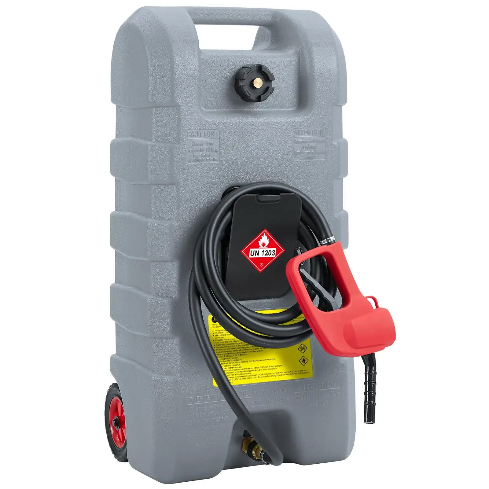 15 Gallon Portable Fuel Caddy with 10-ft Hose, Siphon Pump, and 7.5 L/min Manual Nozzle, Available in Gray, Red, and Yellow for Efficient Fuel Transfer and Storage.