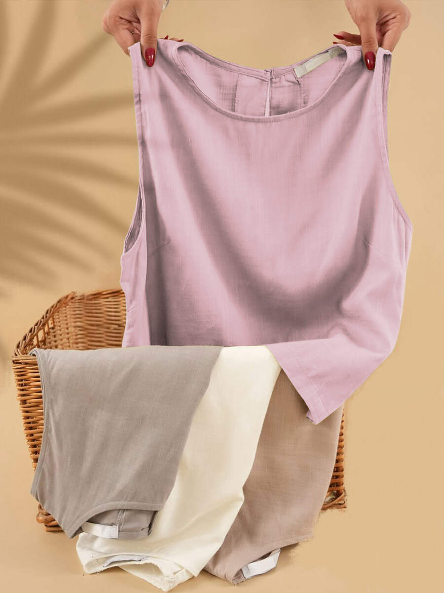 🔥Summer Arrivals🌟Women's Solid Color Round Neck Sleeveless Casual Linen Vest Top