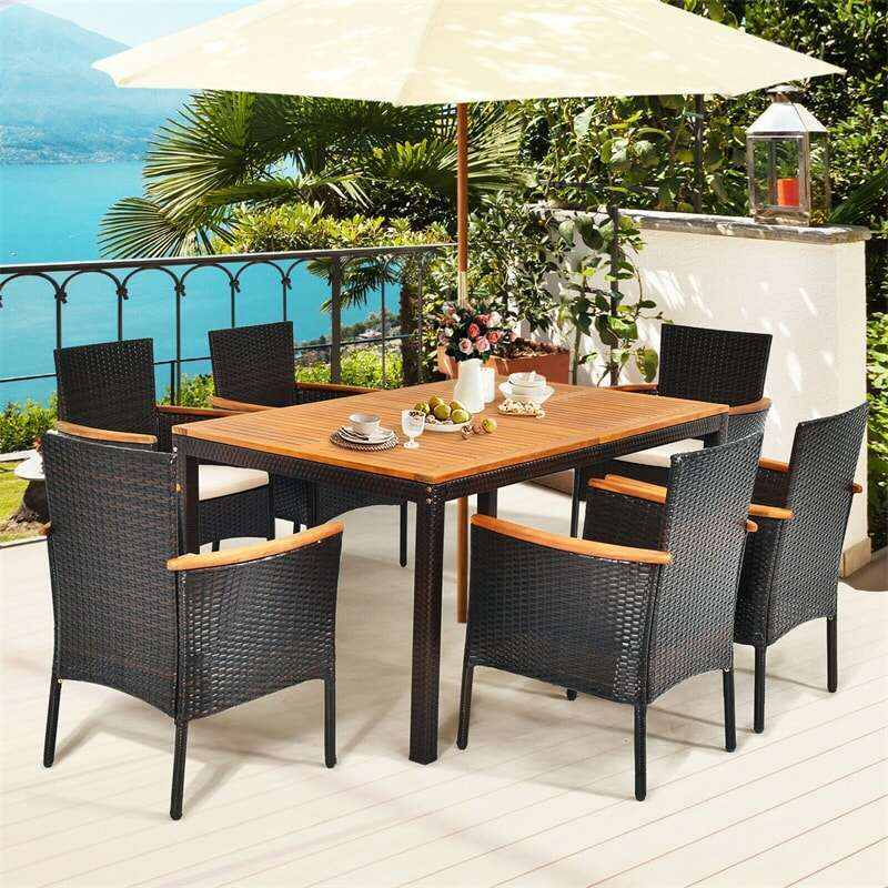 7 Piece Rattan Patio Dining Set with Acacia Wood Table & Stackable Wicker Chairs