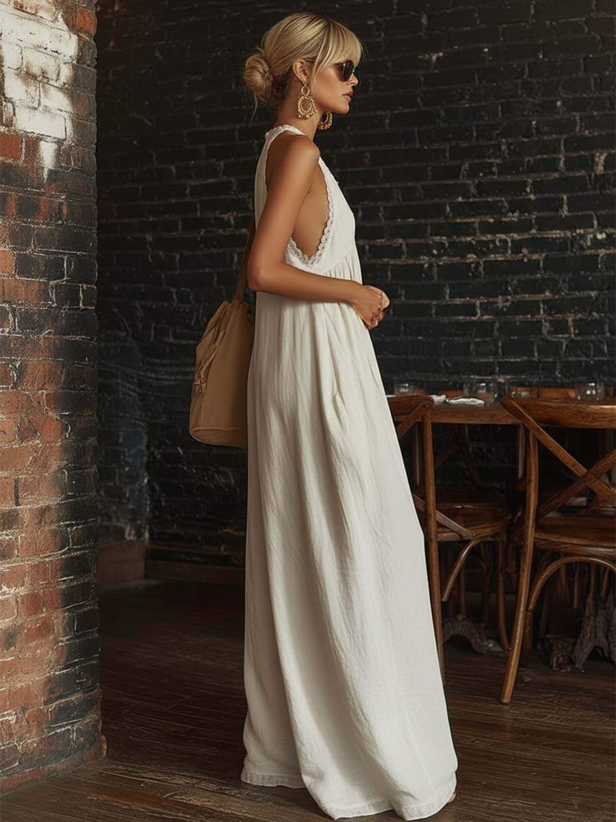 Retro Urban Bohemian V-neck Lace Trim Sleeveless Off-white Cotton Jumpsuit